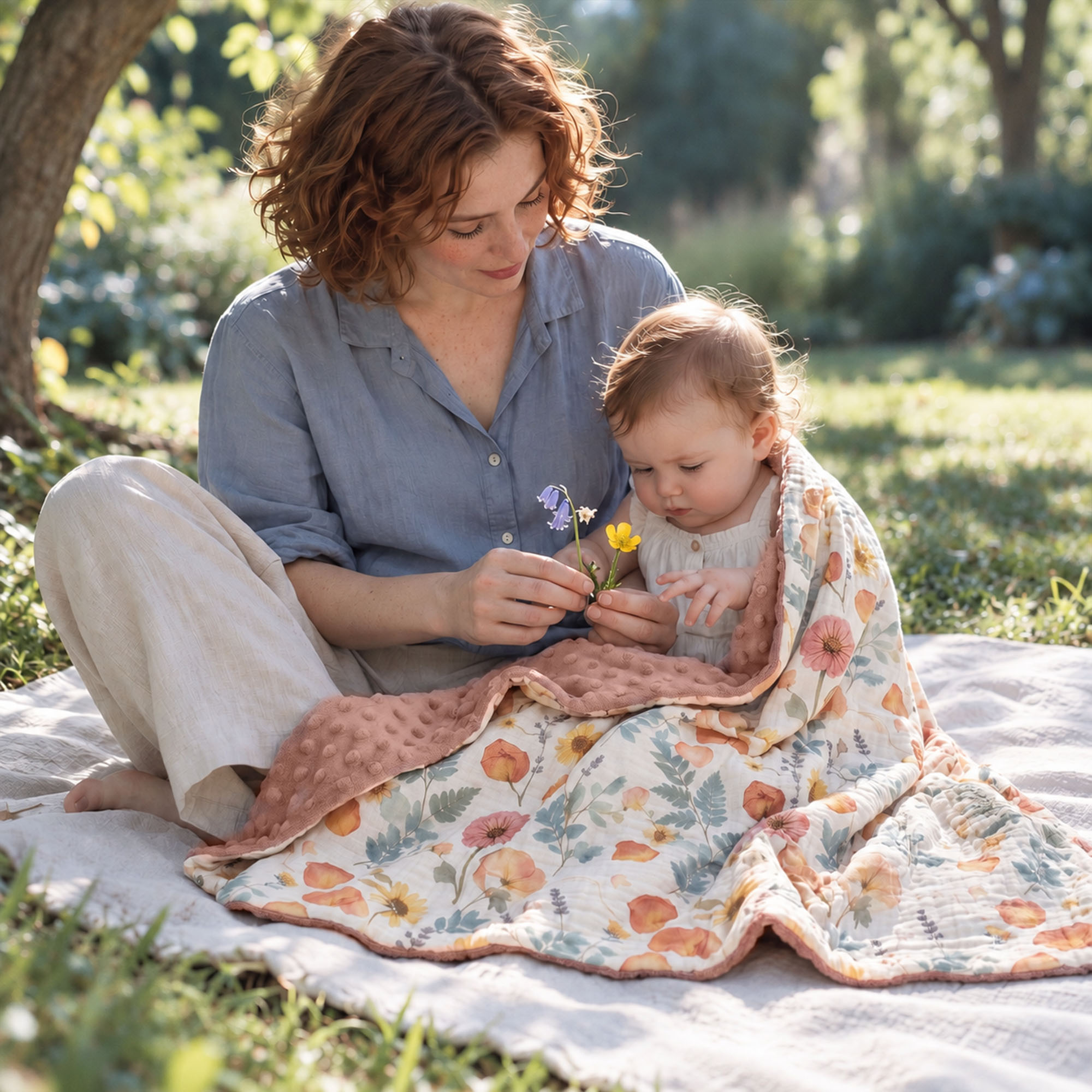 Amber Pressed Flower | Muslin and Fleece Plush Dot Blanket | 30''*40''