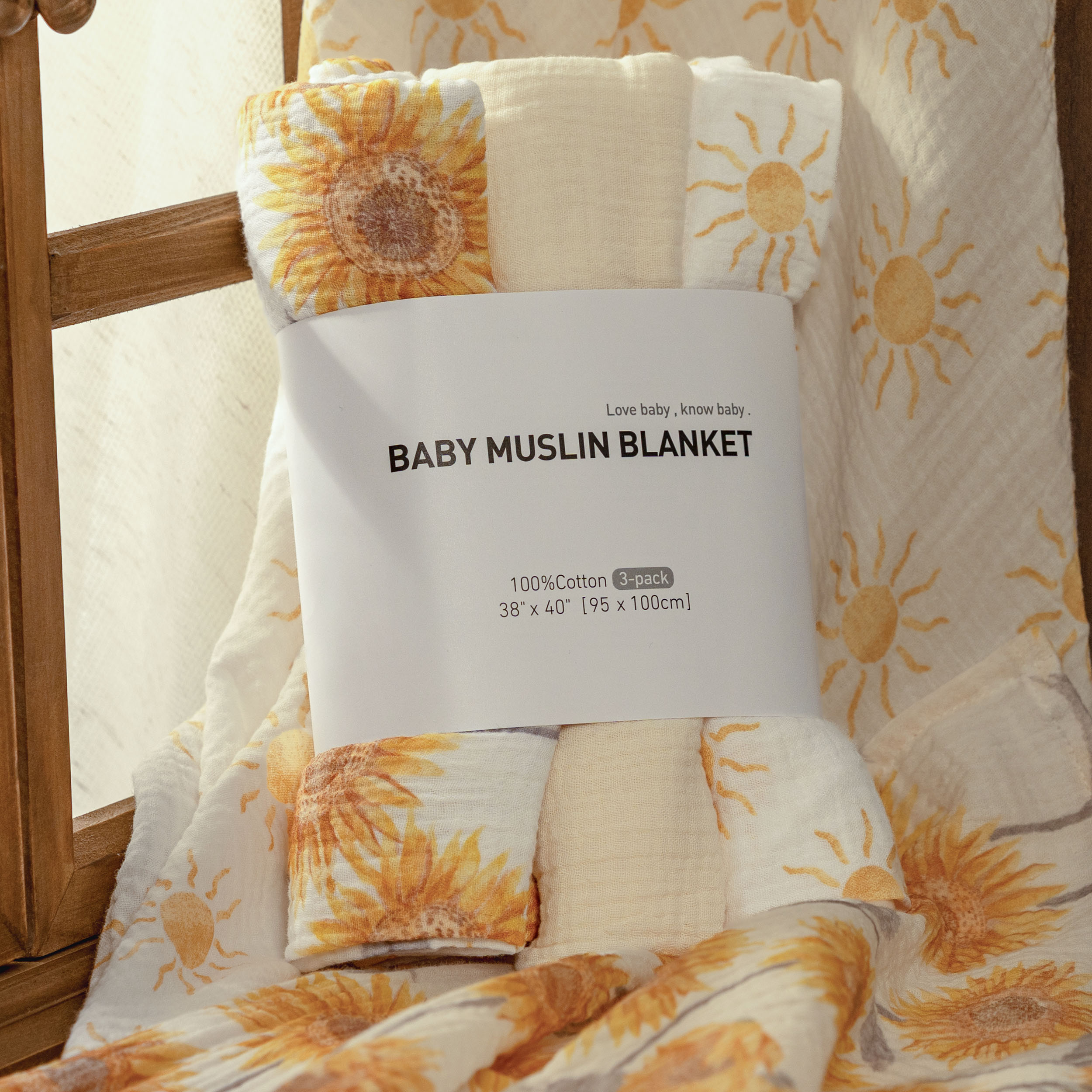 Muslin Swaddle Blankets 3-Pack | 38"x40" | Sunshine Garden