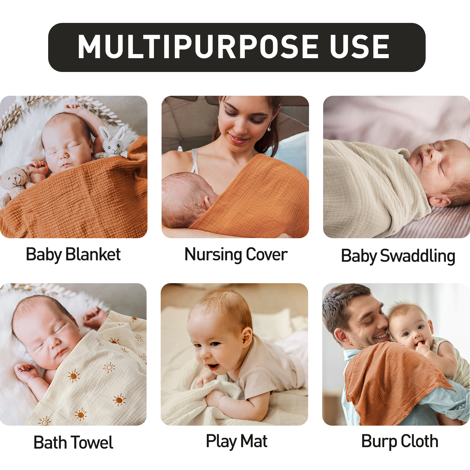 Muslin Swaddle Blankets 3-Pack, 38"x40" - Rising 