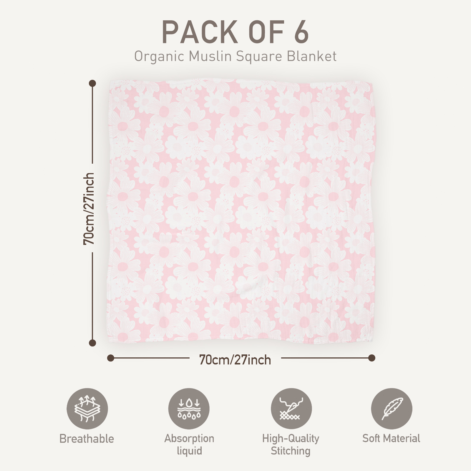 Muslin Swaddle Blankets 6-Pack, 28 X 28" - Rosebud