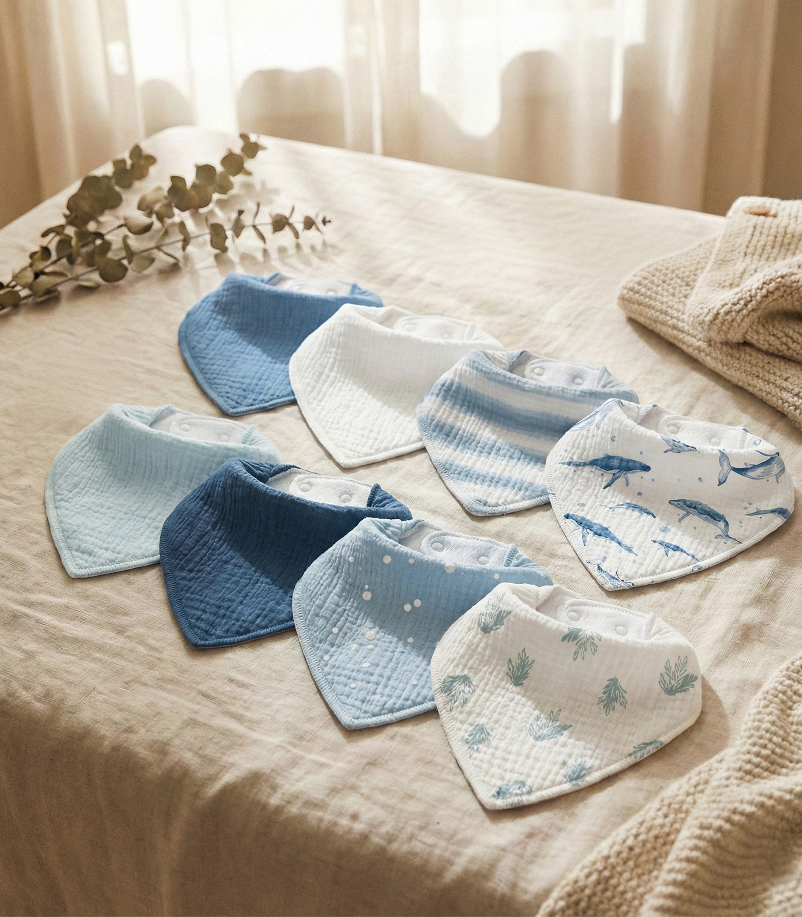Blue Whale Whisper | Soft & Absorbent Muslin Bandana Bibs 8 Pack