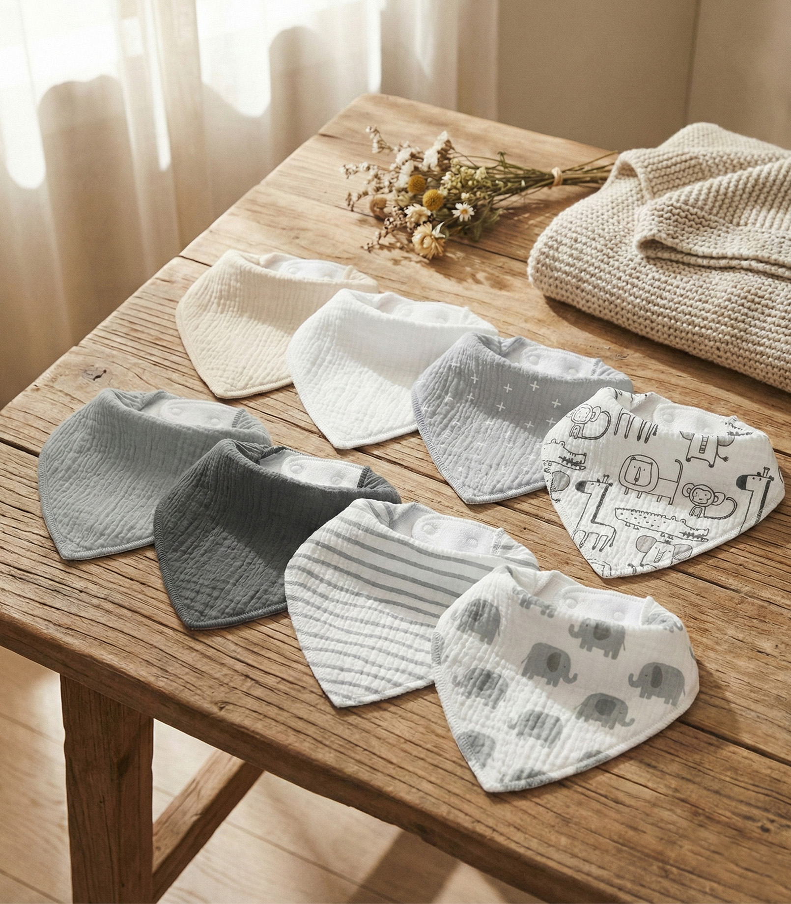 Grey Safari | Soft & Absorbent Muslin Bandana Bibs 8 Pack