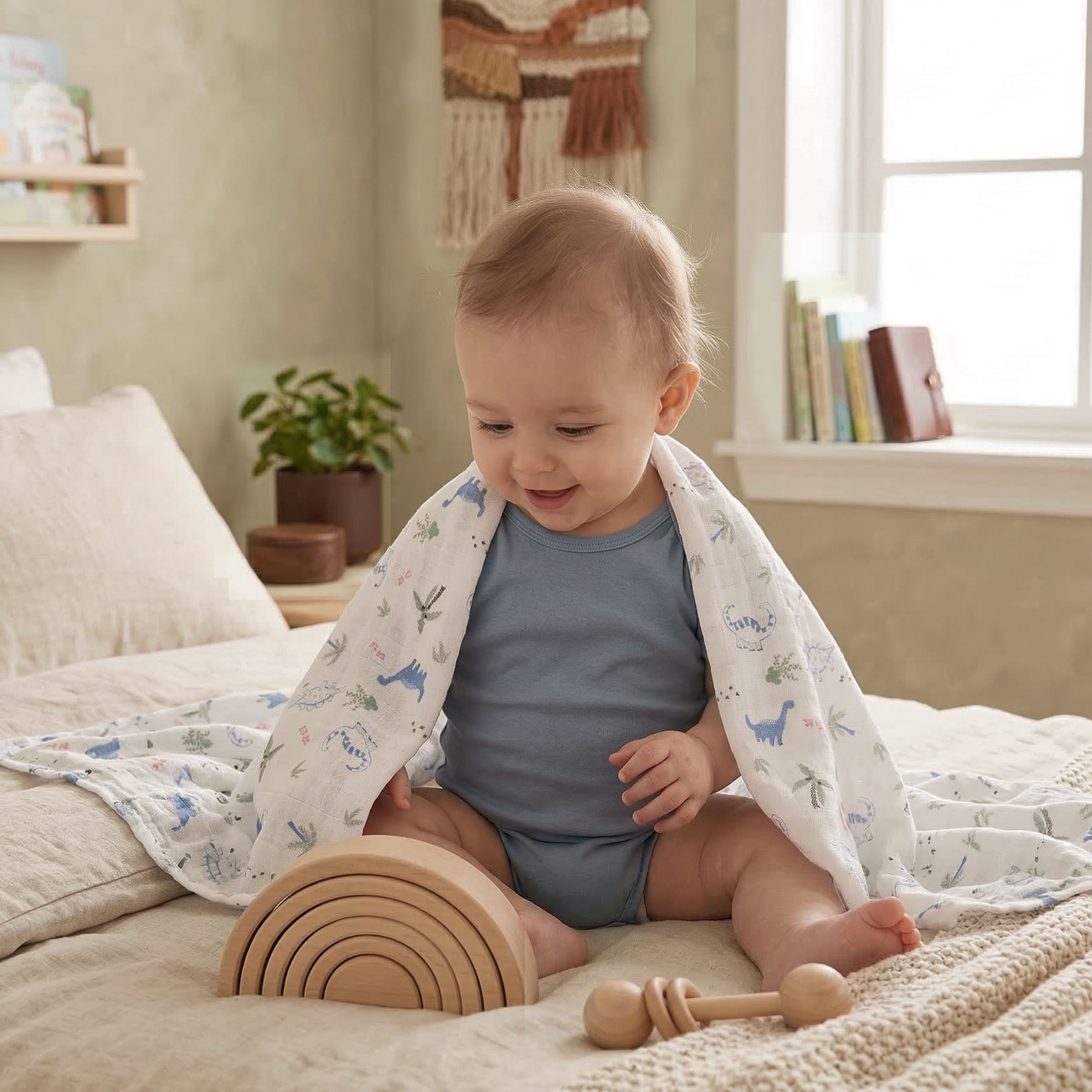 Muslin Swaddle Blankets 6-Pack | 27x27" | Little Dino's Blue Forest