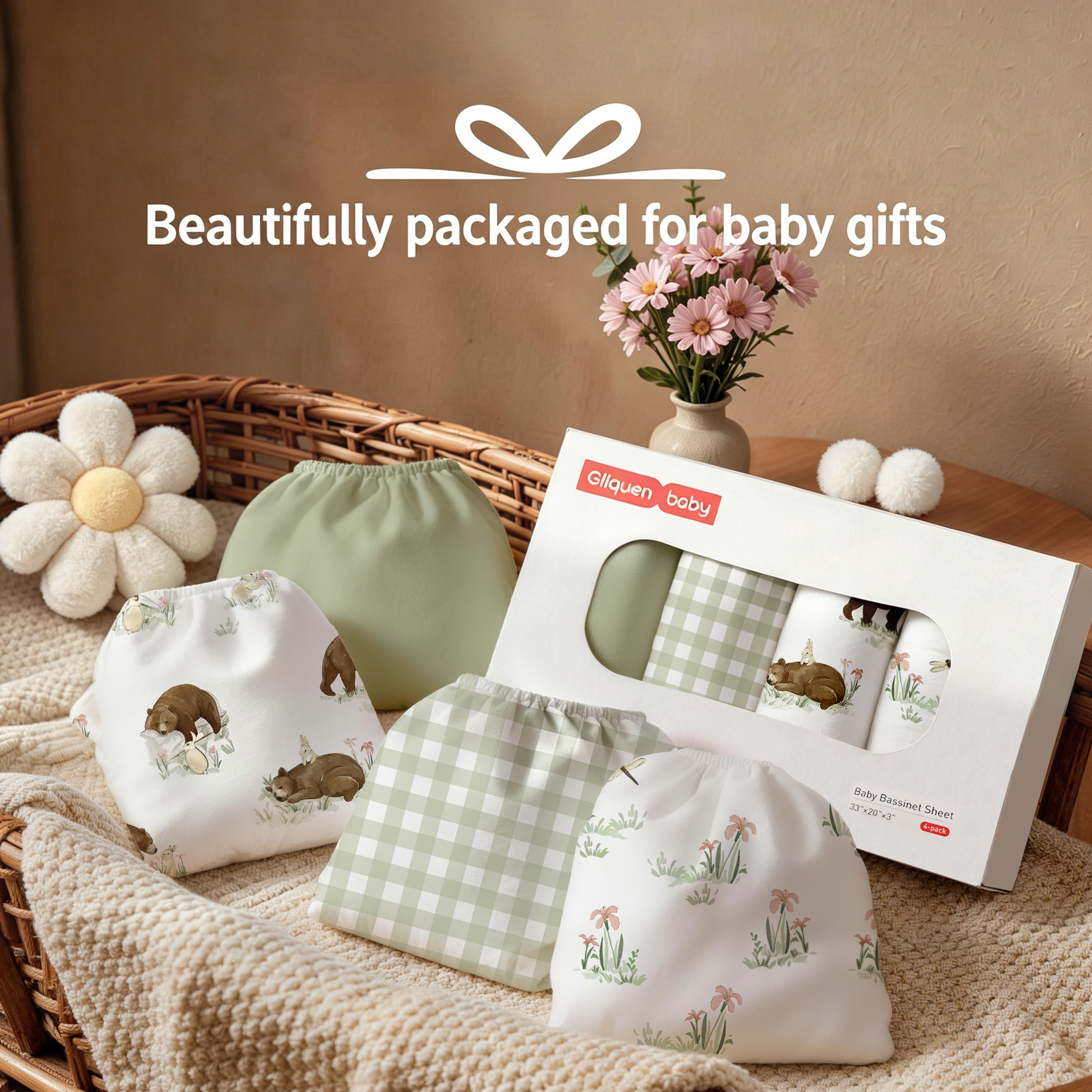 Wildwood Bear Meadow | Bassinet Sheets 4-Pack | 20*33''