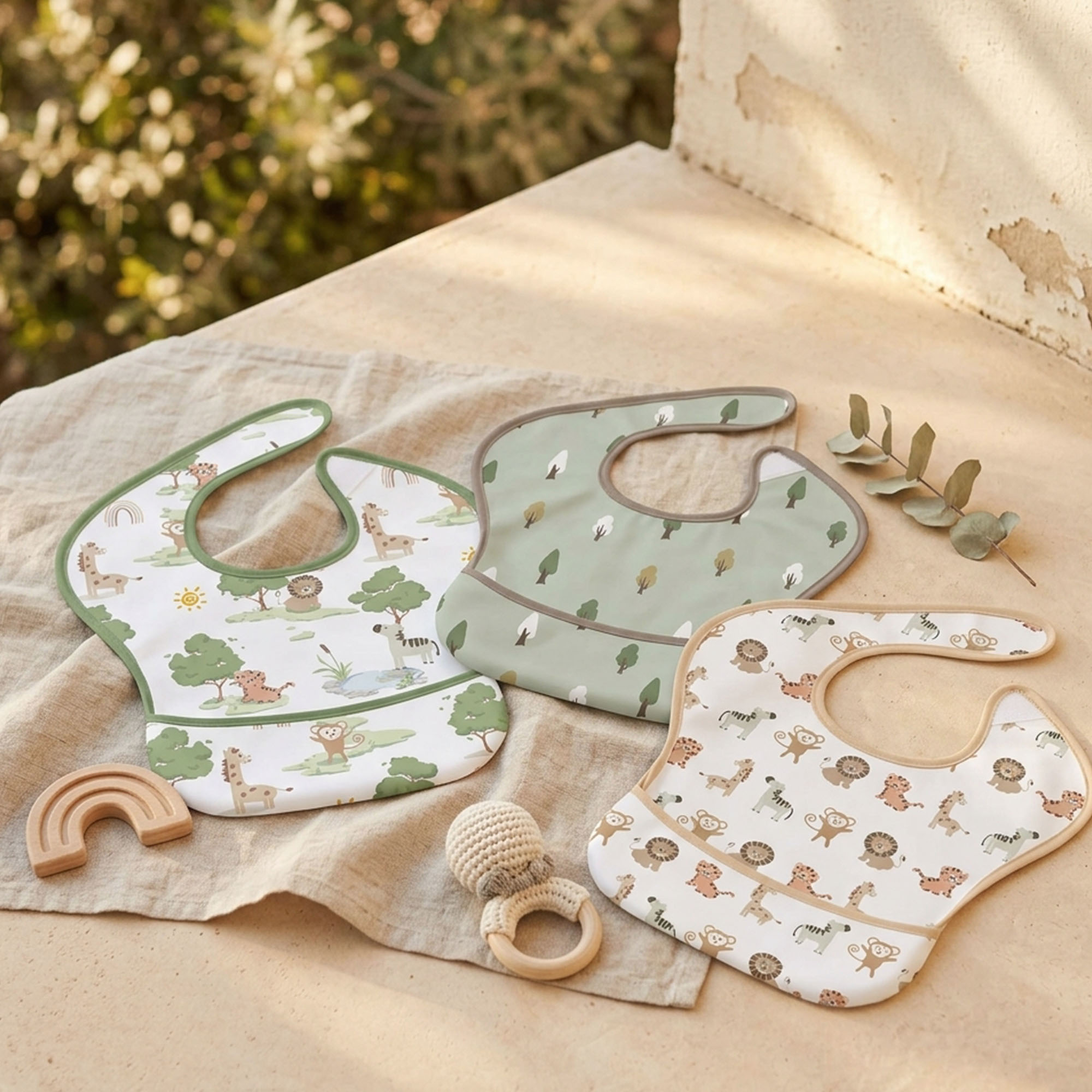 Green Woodland Adventure | Gllquen baby Waterproof Bibs 3 Pack | 3-24 Months