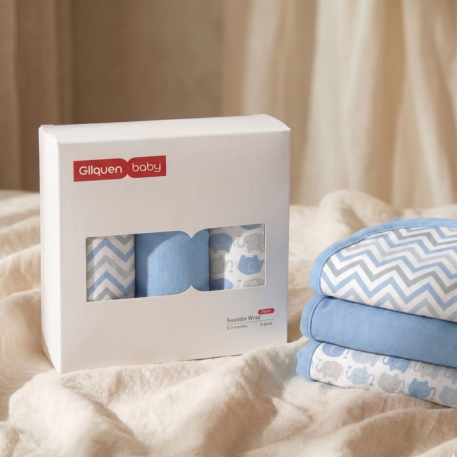 Azure Elephant Ripple | Zipper Swaddle Wrap 3 Pack | 0-3 Months