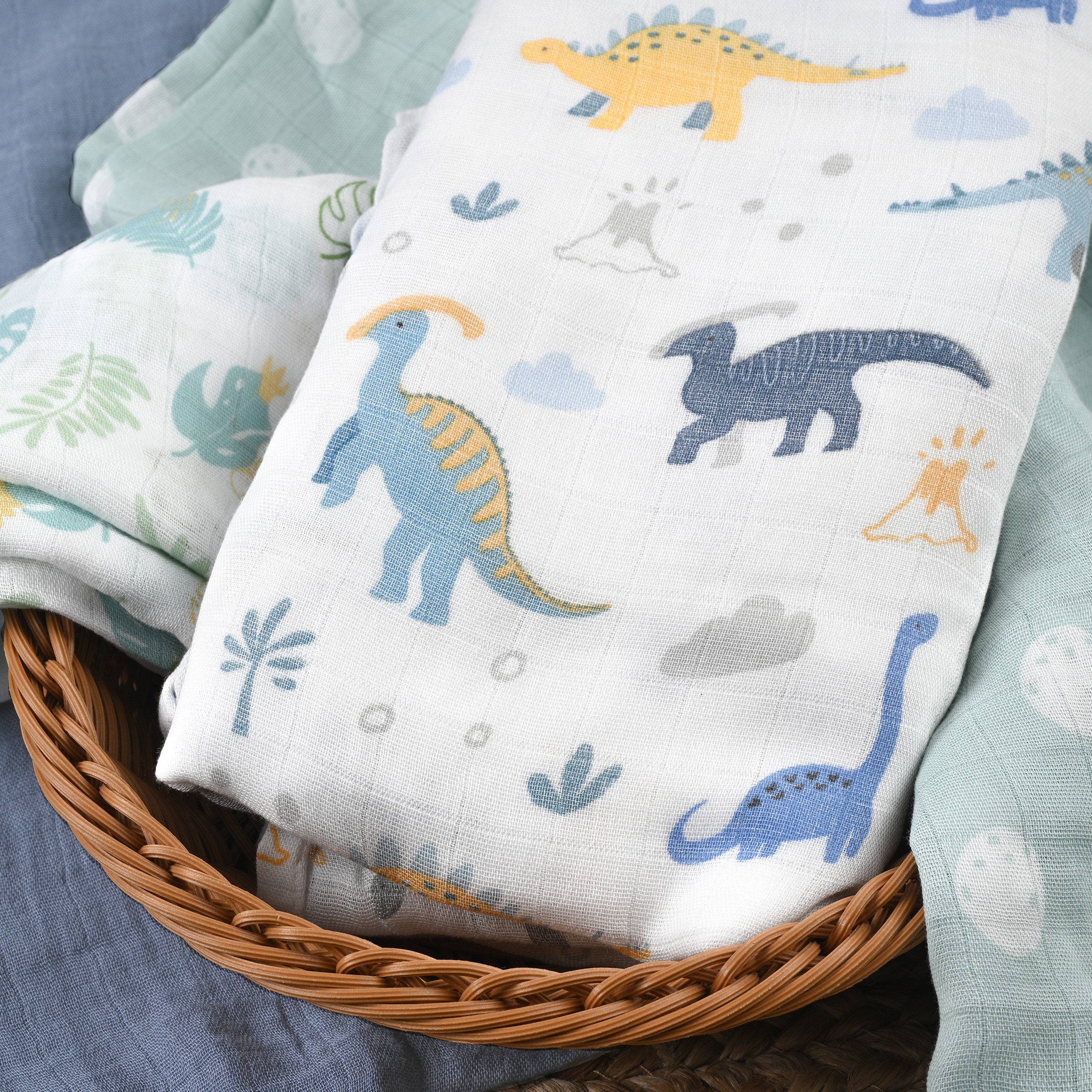 Muslin Swaddle Blankets 4-Pack | 35"x40" | Tropical Dino  Print