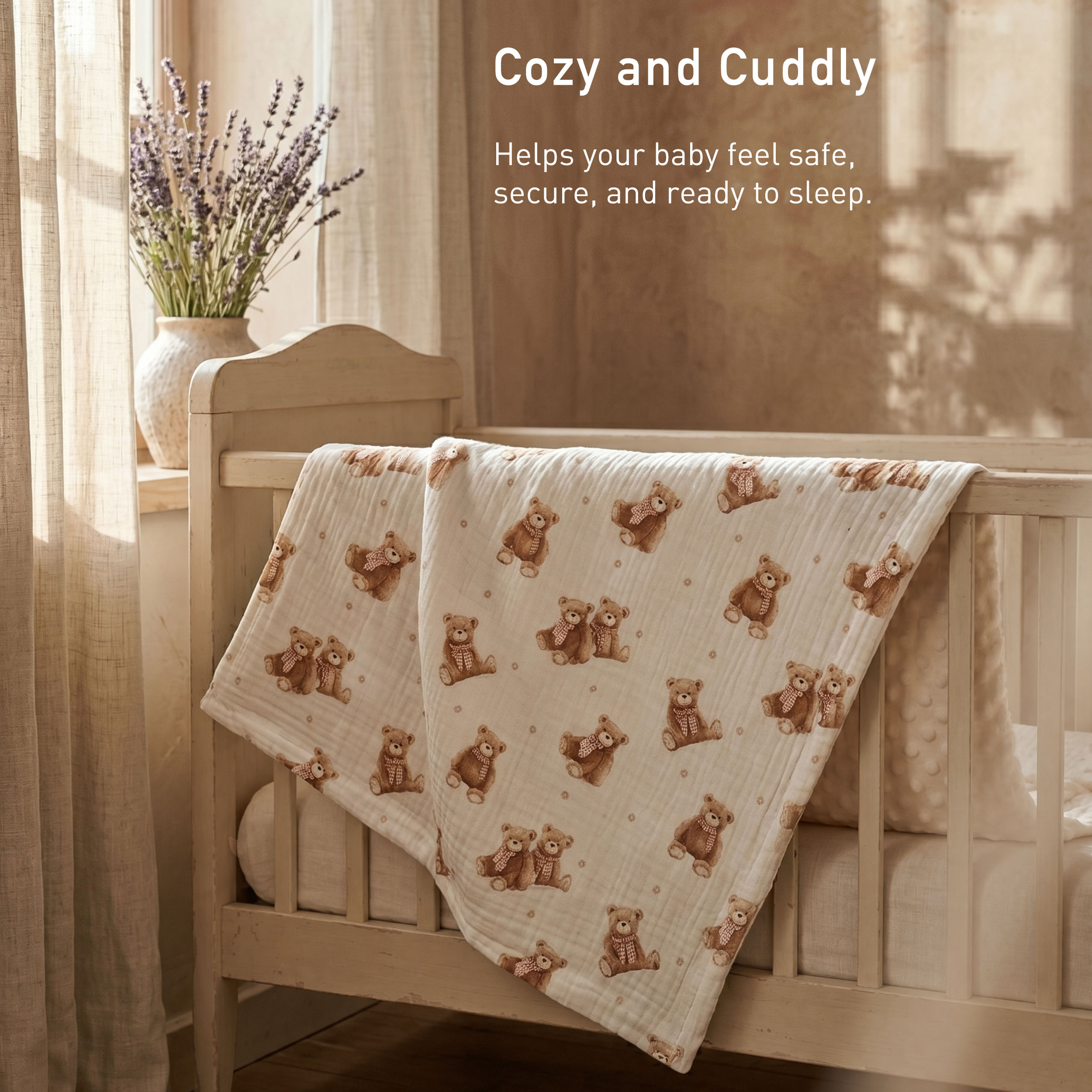 Creamy Ribbon Teddy | Muslin and Fleece Plush Dot Blanket | 30''*40''