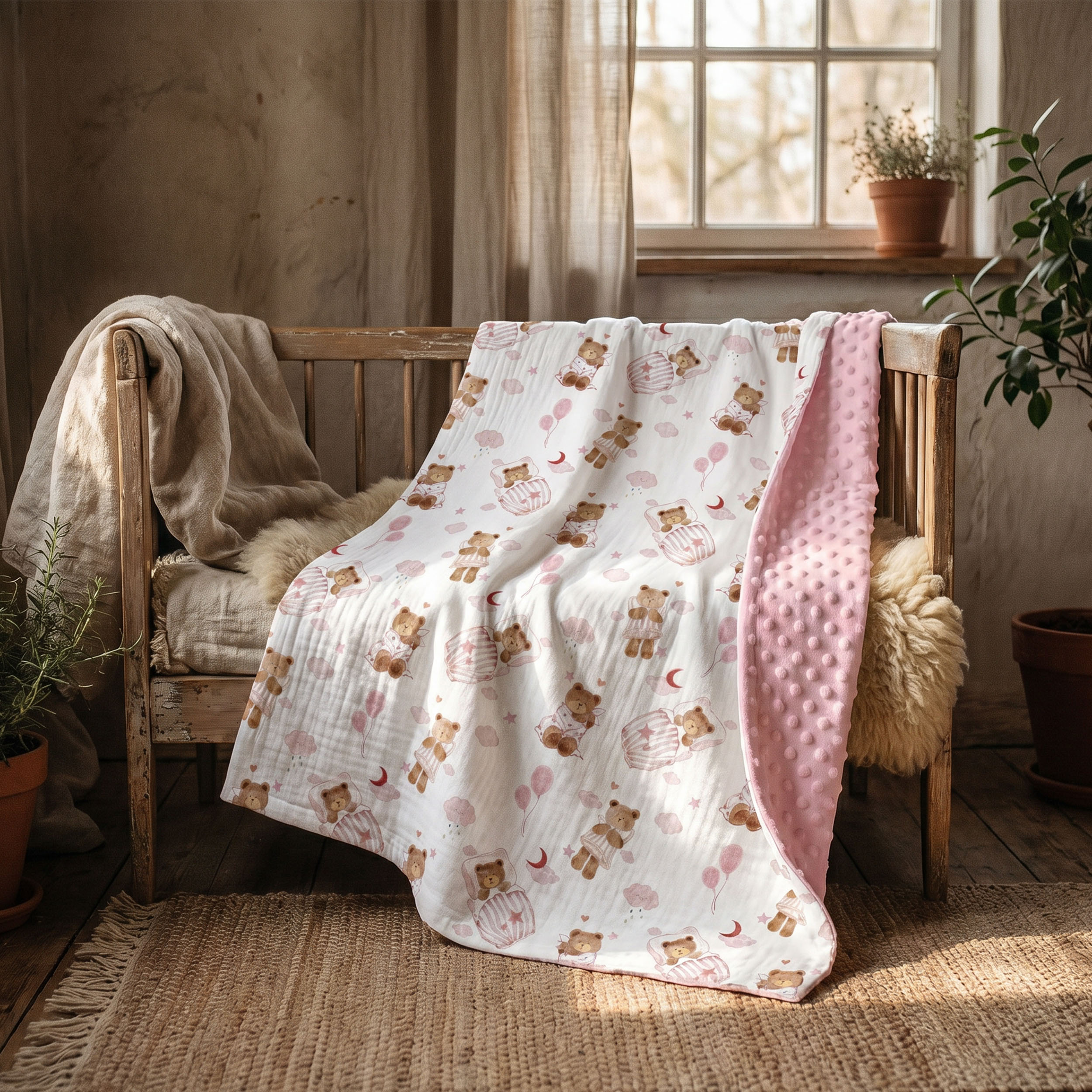 Blush Bear Slumber | Muslin and Fleece Plush Dot Blanket | 30''*40''
