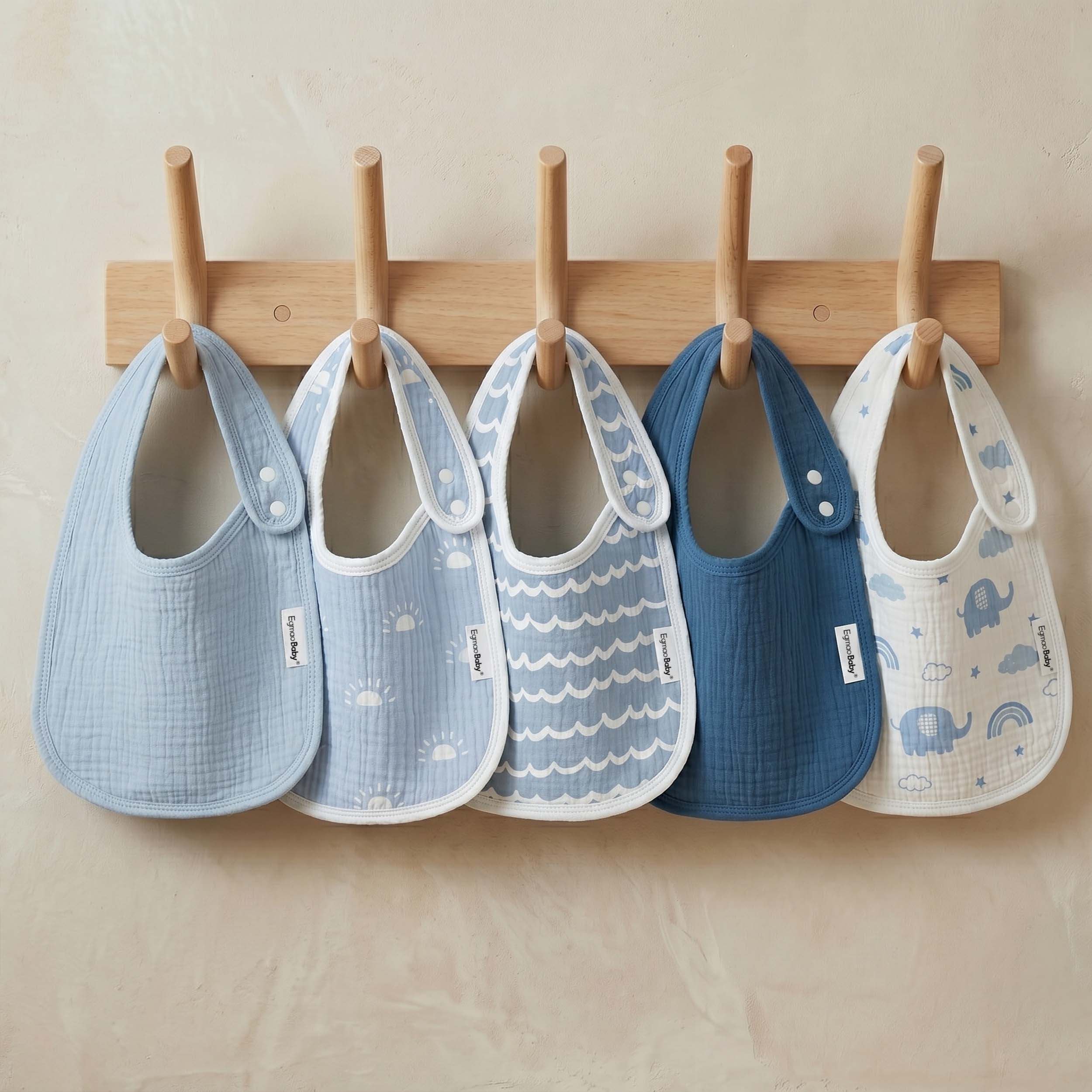 Blue Elephant and Rainbow | baby muslin bibs 5 pack | 0-36 months