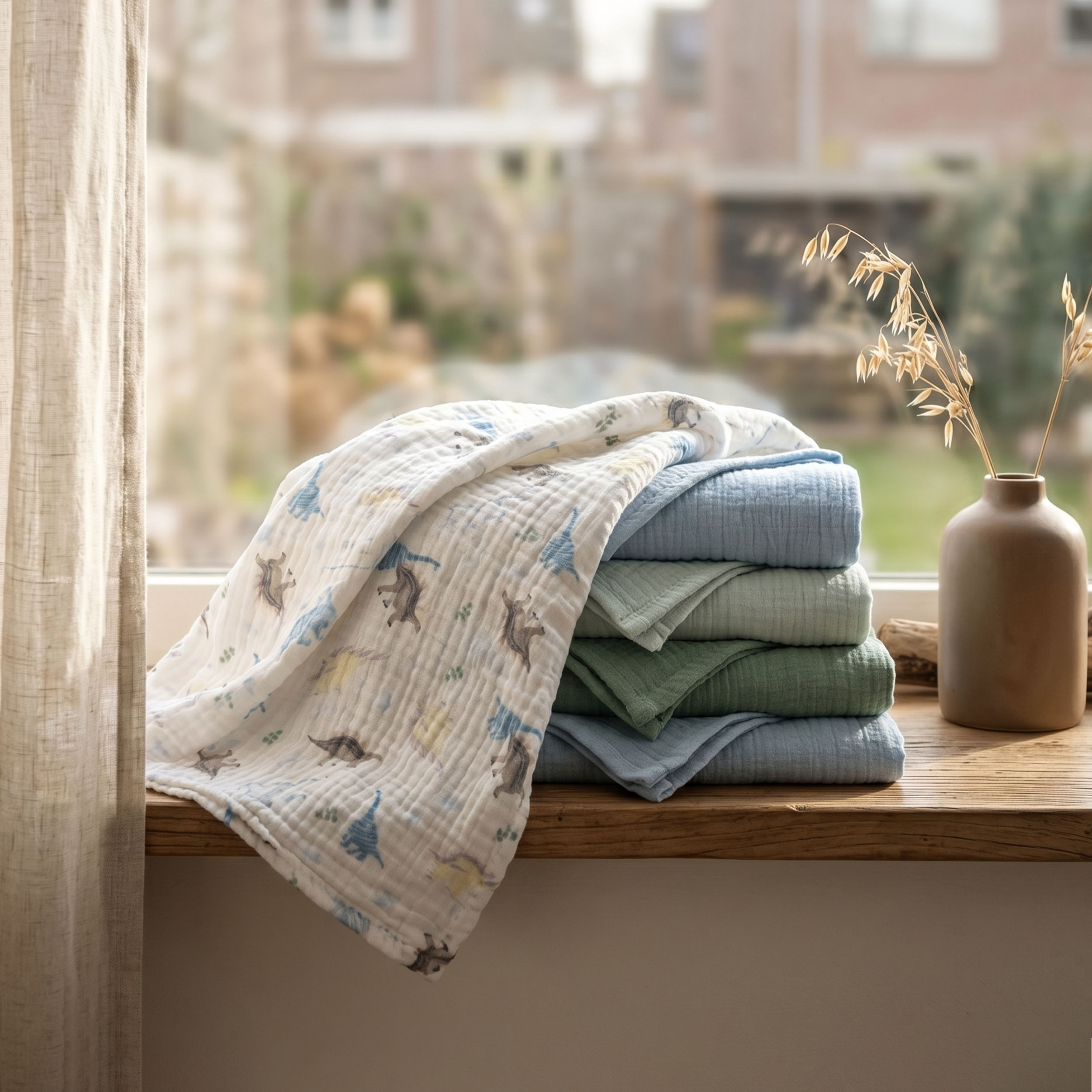Muslin Swaddle Blankets 5-Pack, 23.5"x23.5" - Blue Dino World