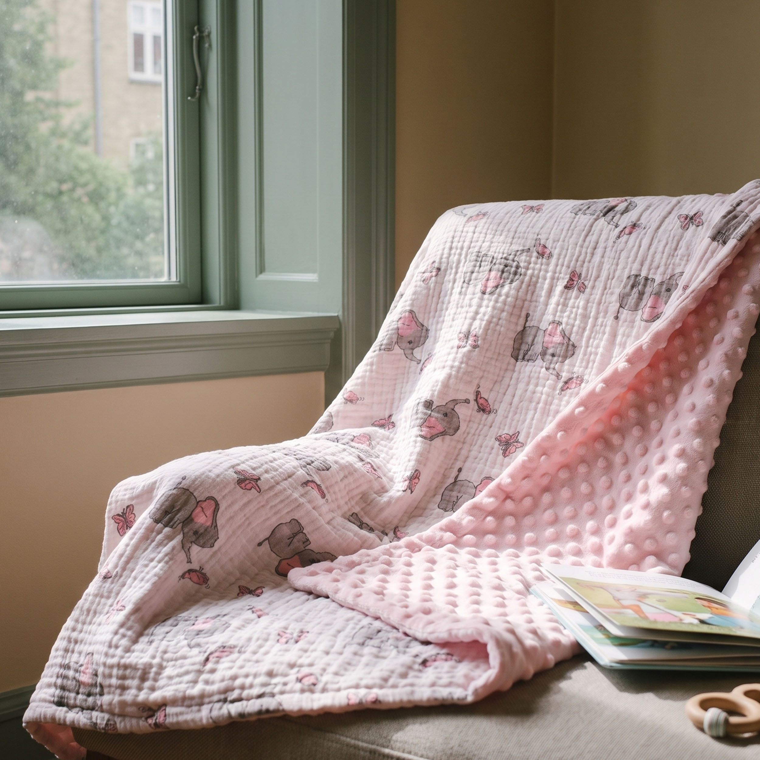 Dusty Elephant Flutter | Muslin and Fleece Plush Dot Blanket | 30''*40''
