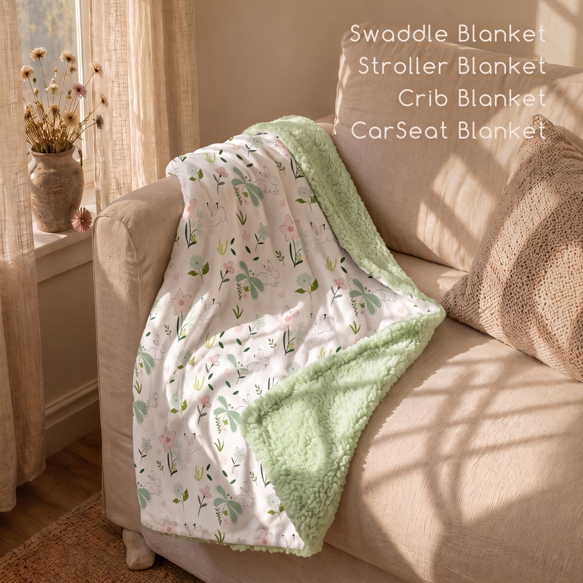 Sage Bunny Bloom | plush baby blanket | 30''*36''