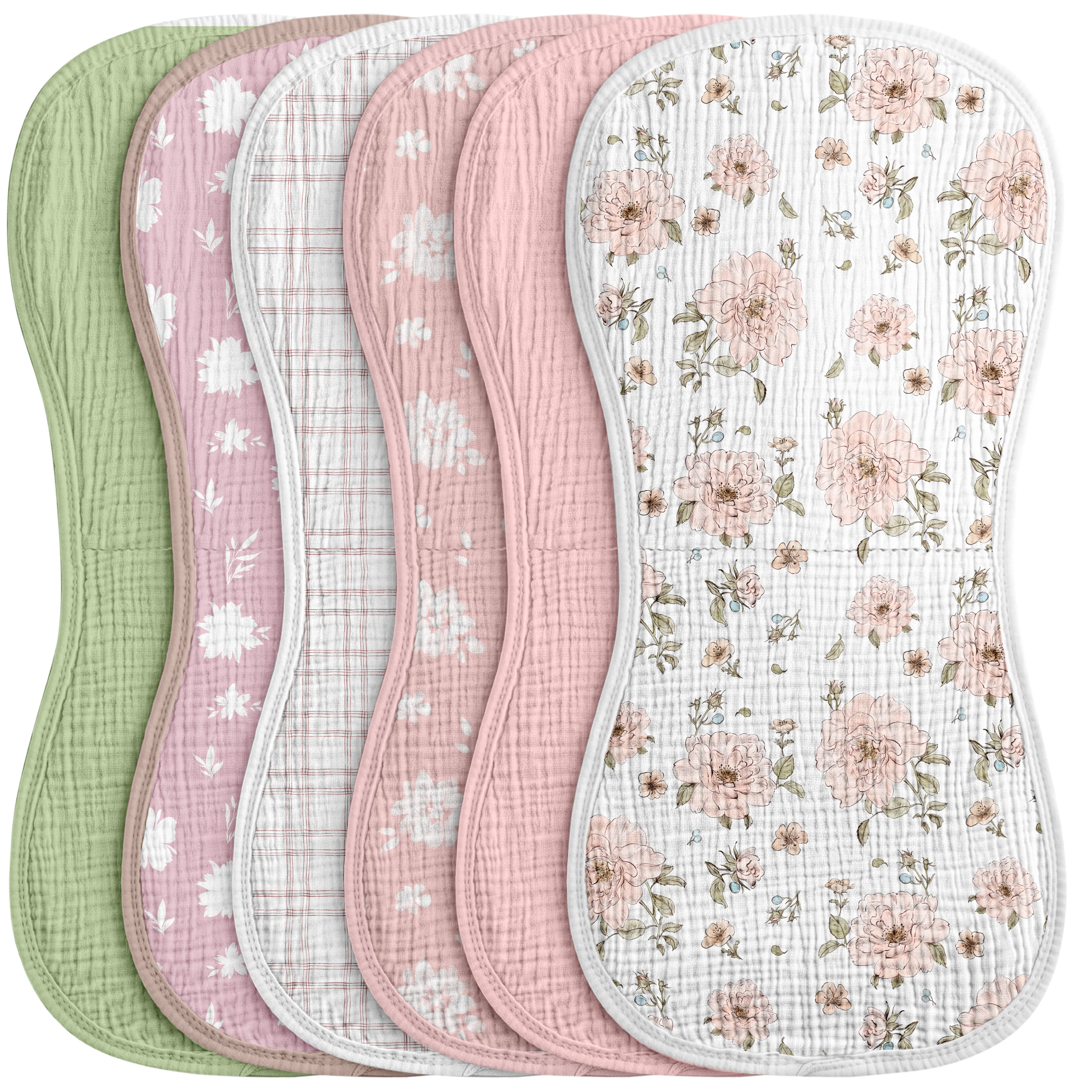 Organic Muslin Cotton Burp Cloths 6 Pack -  Pink Floral Plaid