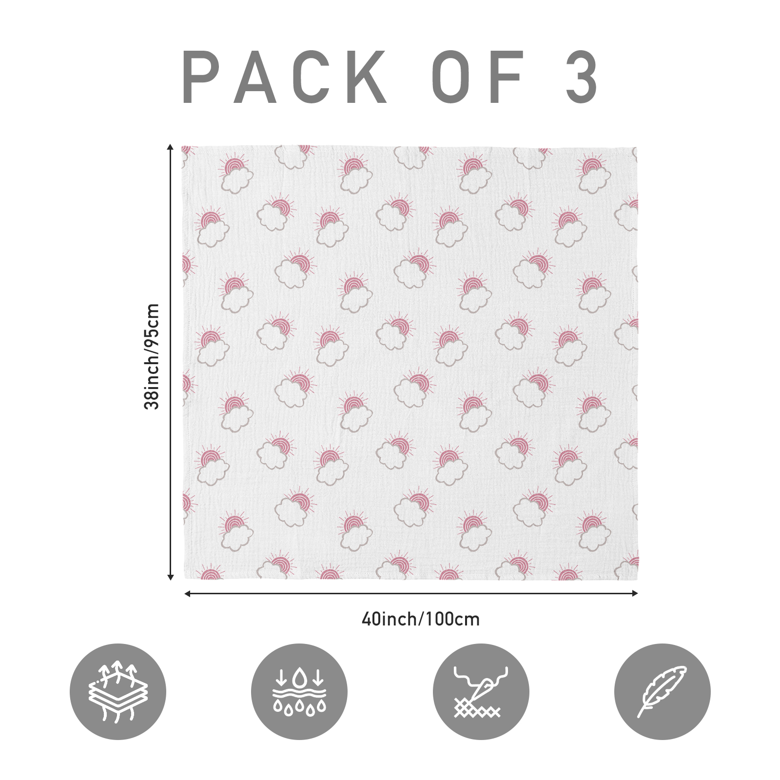 Muslin Swaddle Blankets 3-Pack, 38"x40" - Sunlight