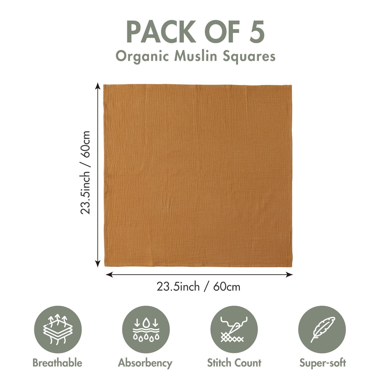 Muslin Swaddle Blankets 5-Pack, 23.5"x23.5" - Natural