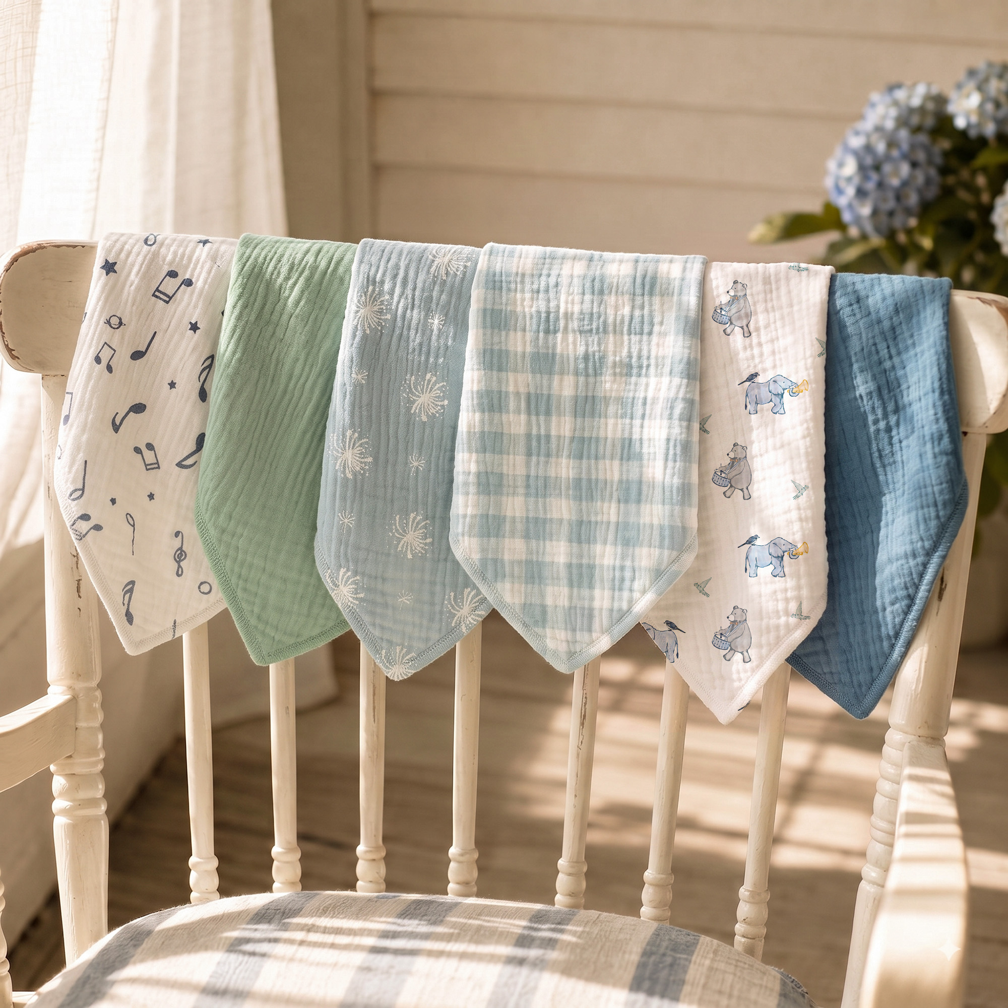 Blue Elephant Check | Soft & Absorbent Muslin Bandana Bibs 8 Pack