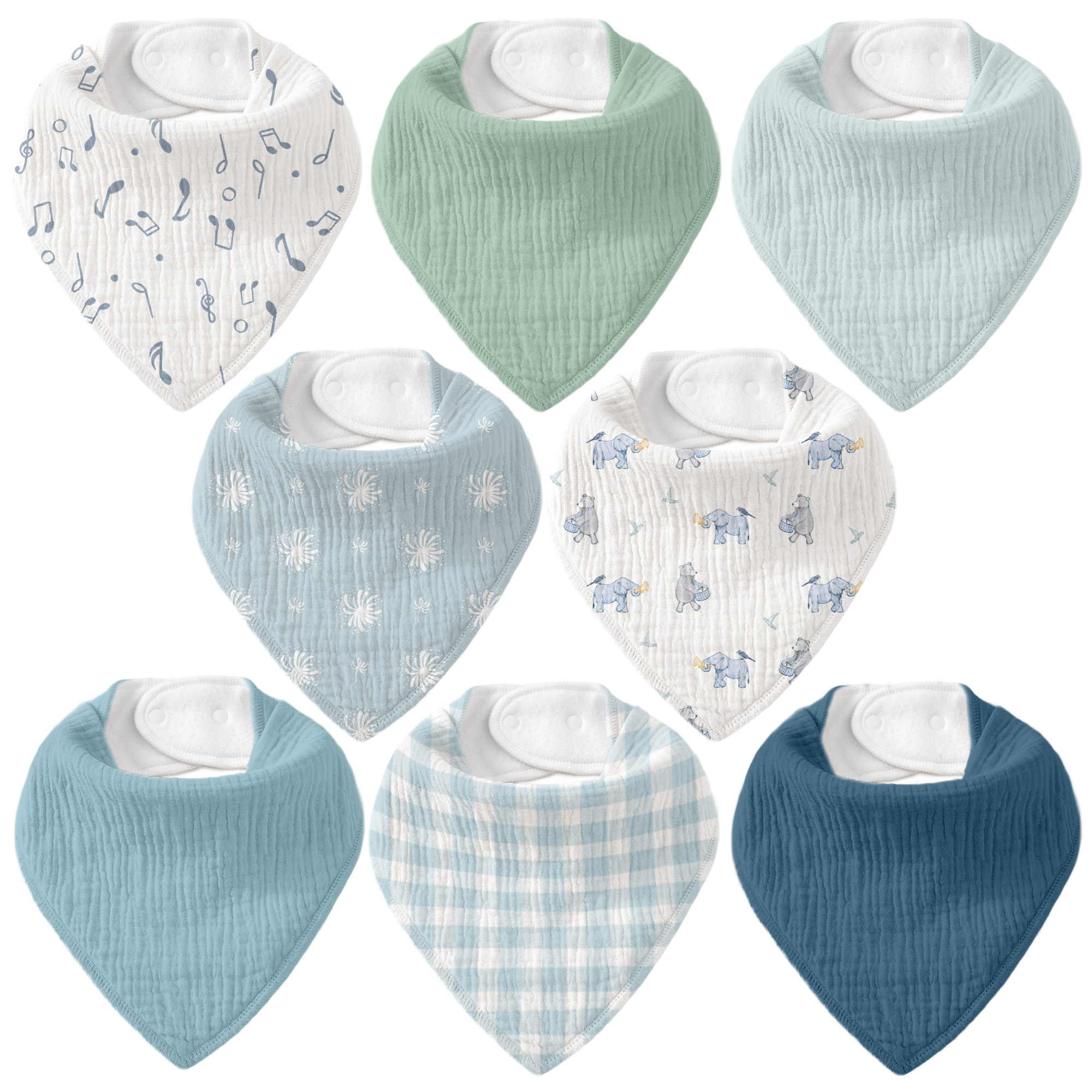 Blue Elephant Check | Soft & Absorbent Muslin Bandana Bibs 8 Pack
