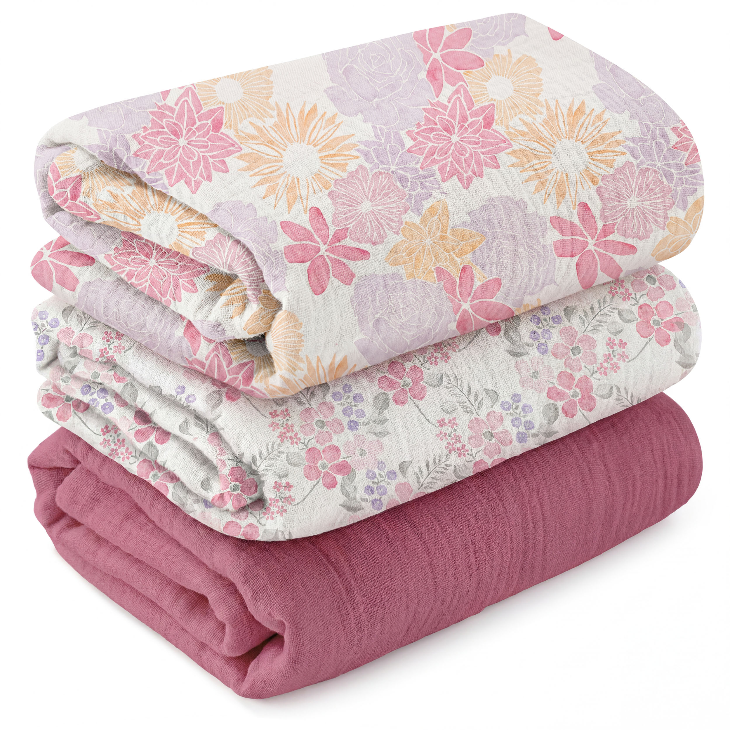 Muslin Swaddle Blankets 3-Pack | 38"x40" | Vintage Floral Bloom