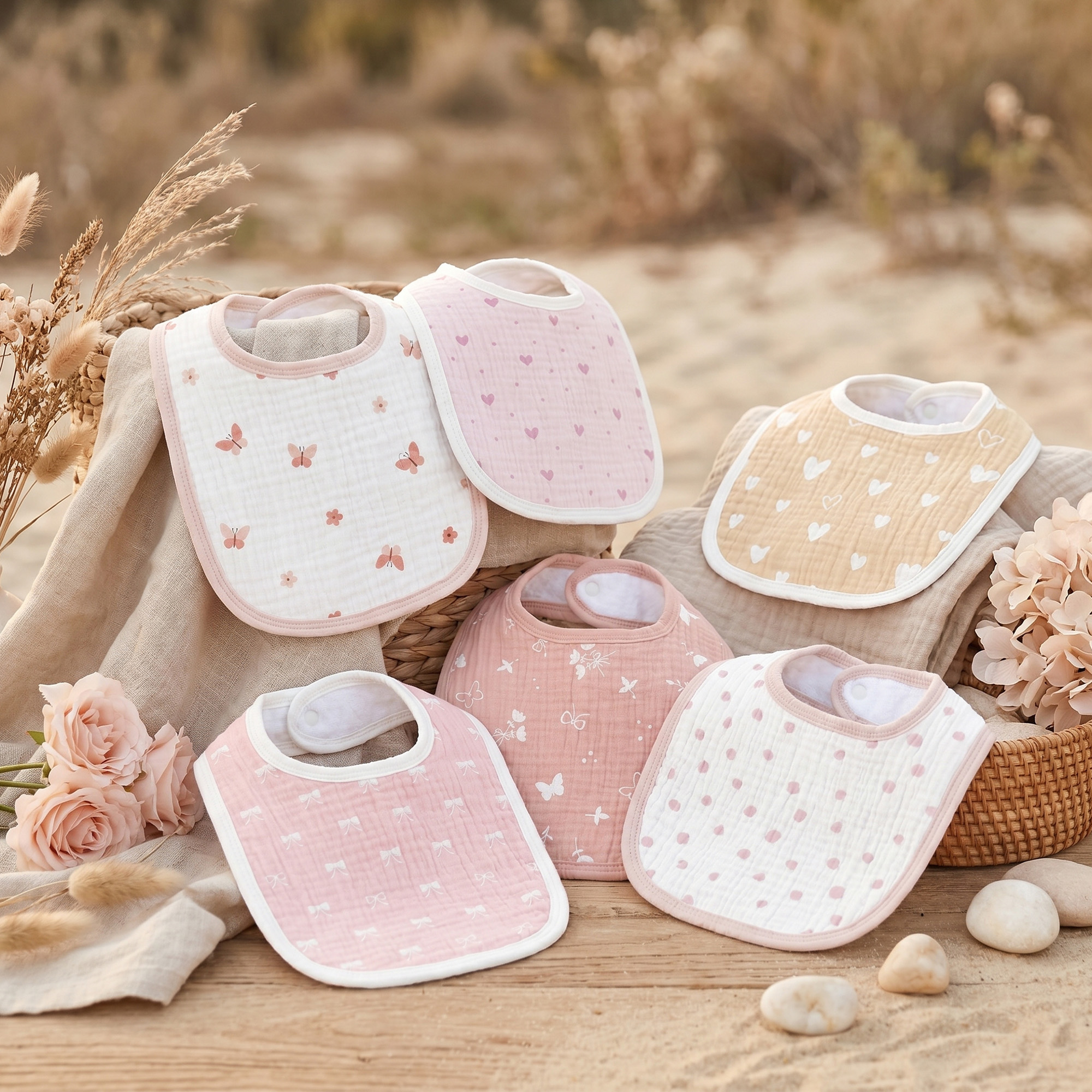 Sweet Blush Butterfly | Baby Muslin Bibs 6 Pack | 0-36 Months