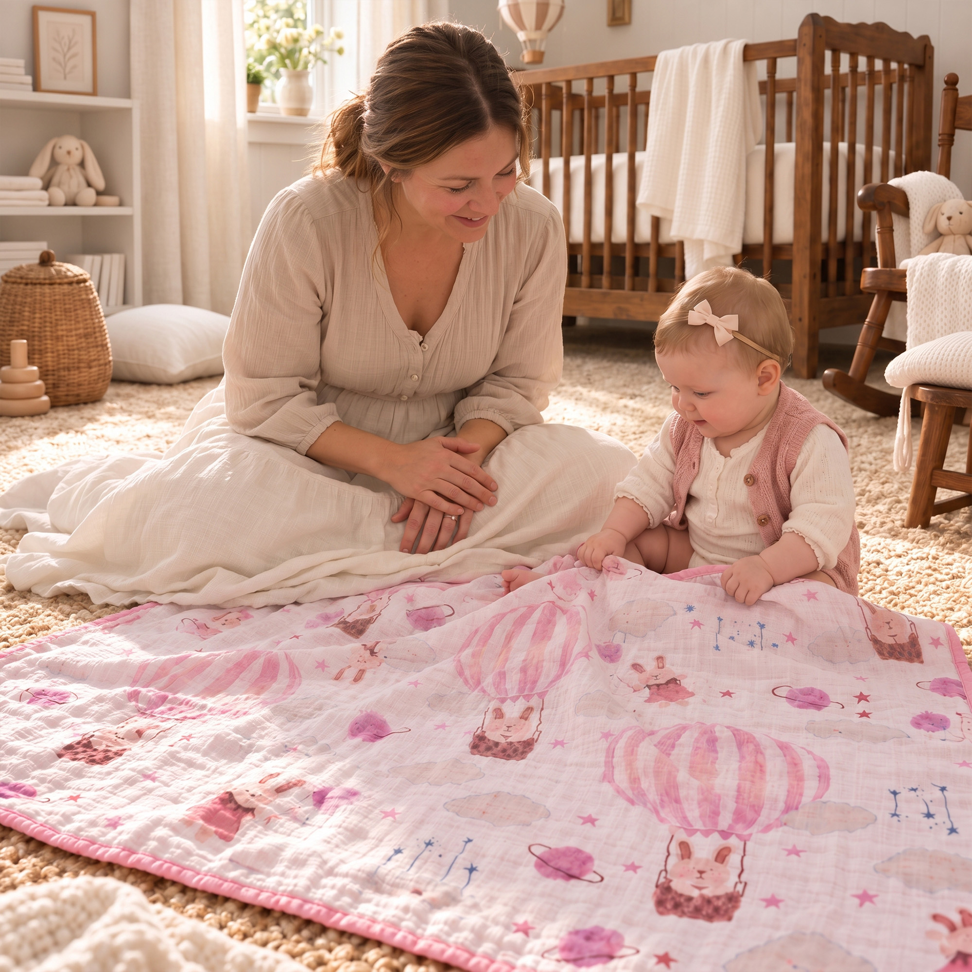 Muslin Swaddle Blankets 1-Pack | 31.5x43.3" | Pink Bunny Balloon