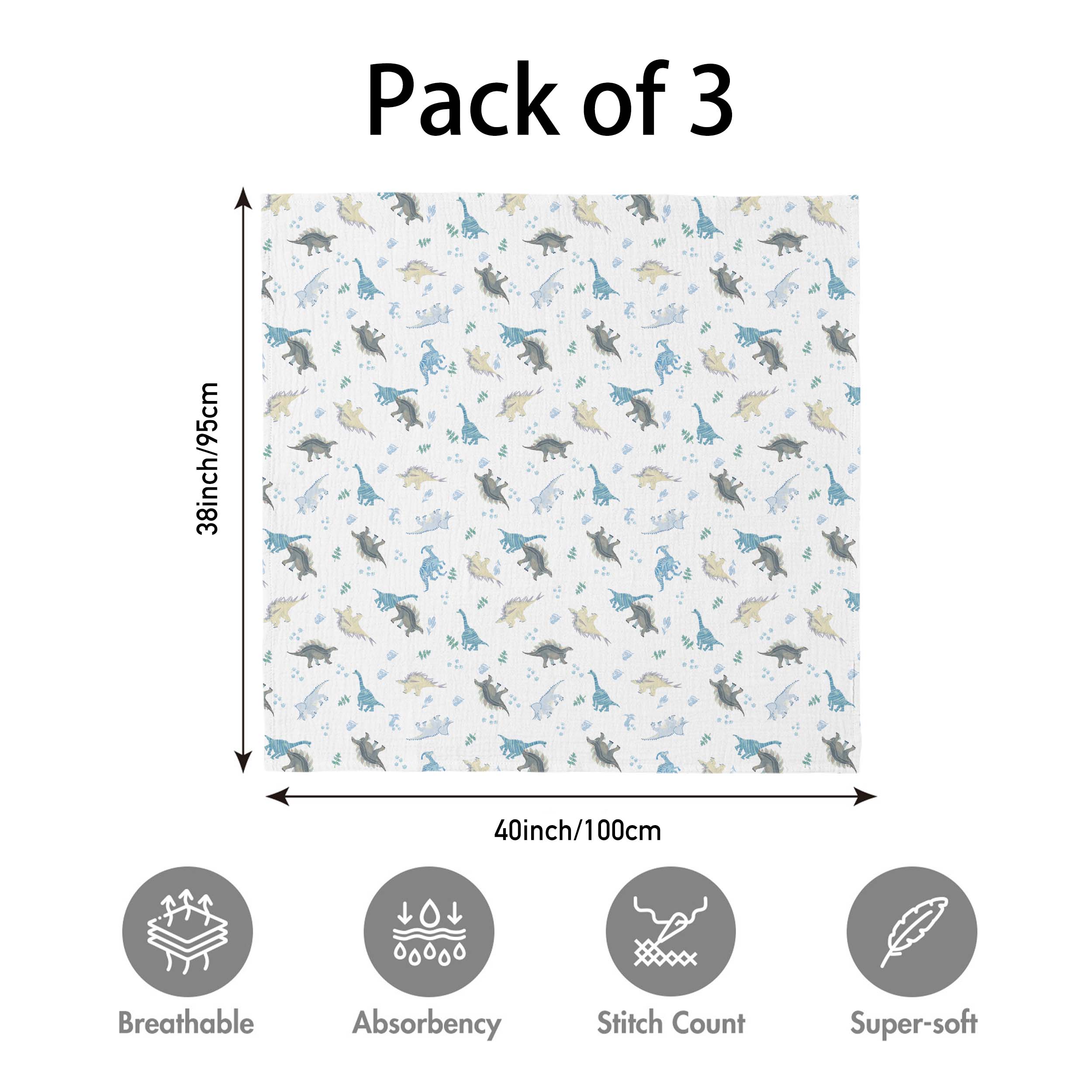 Muslin Swaddle Blankets 3-Pack | 38"x40" | Tropical Dino