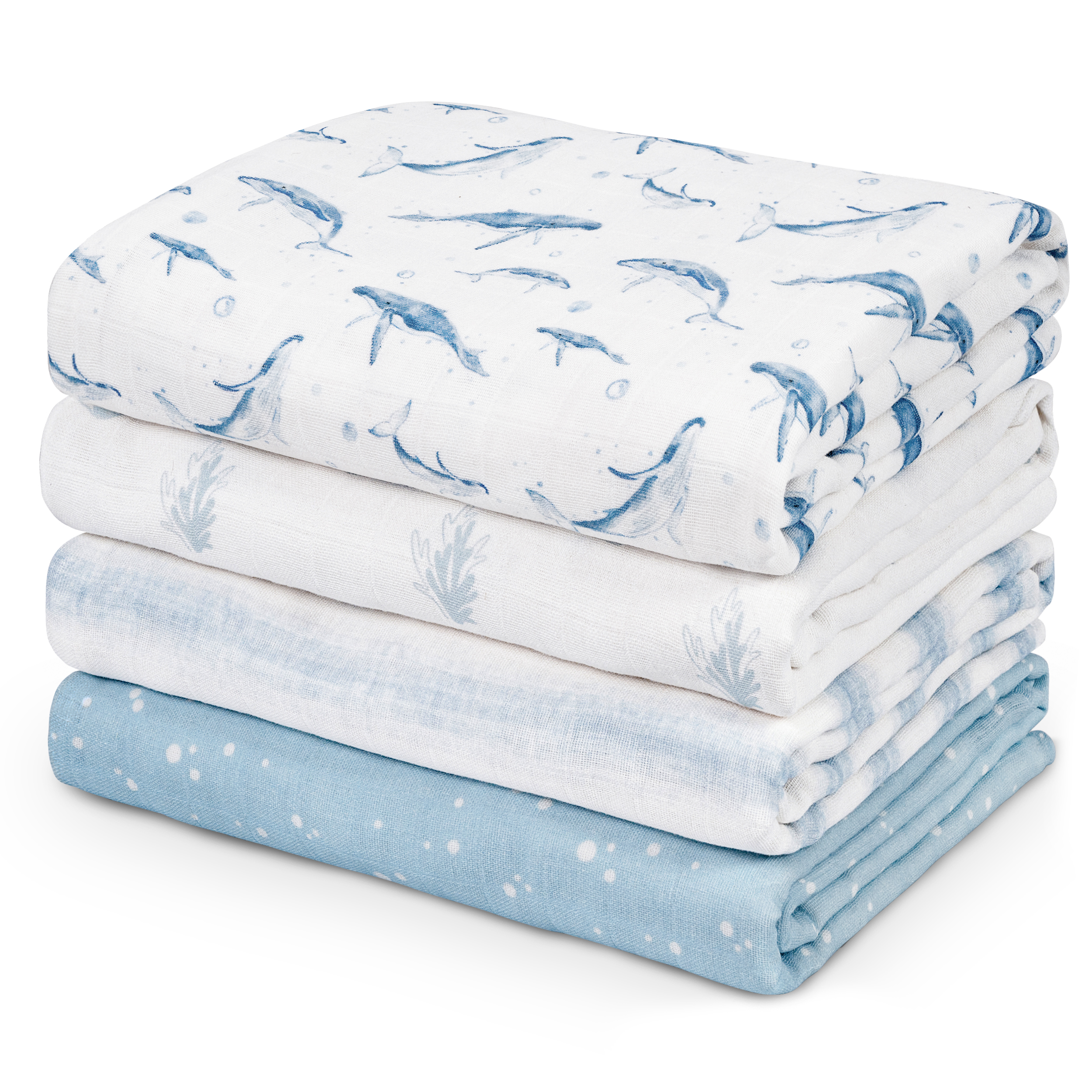 Muslin Swaddle Blankets 4-Pack | 31.5x43.3" | Blue Whale Whisper
