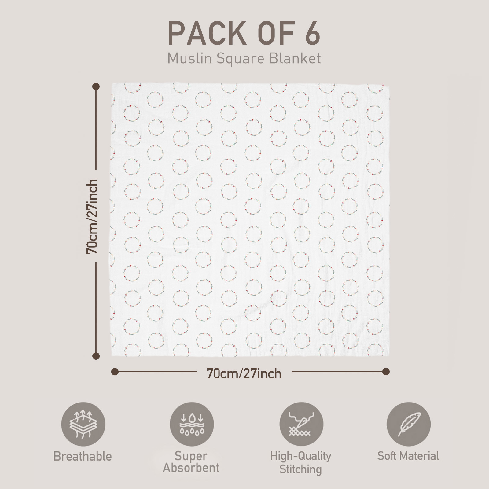 Muslin Swaddle Blankets 6-Pack | 27x27" | Christmas Bear