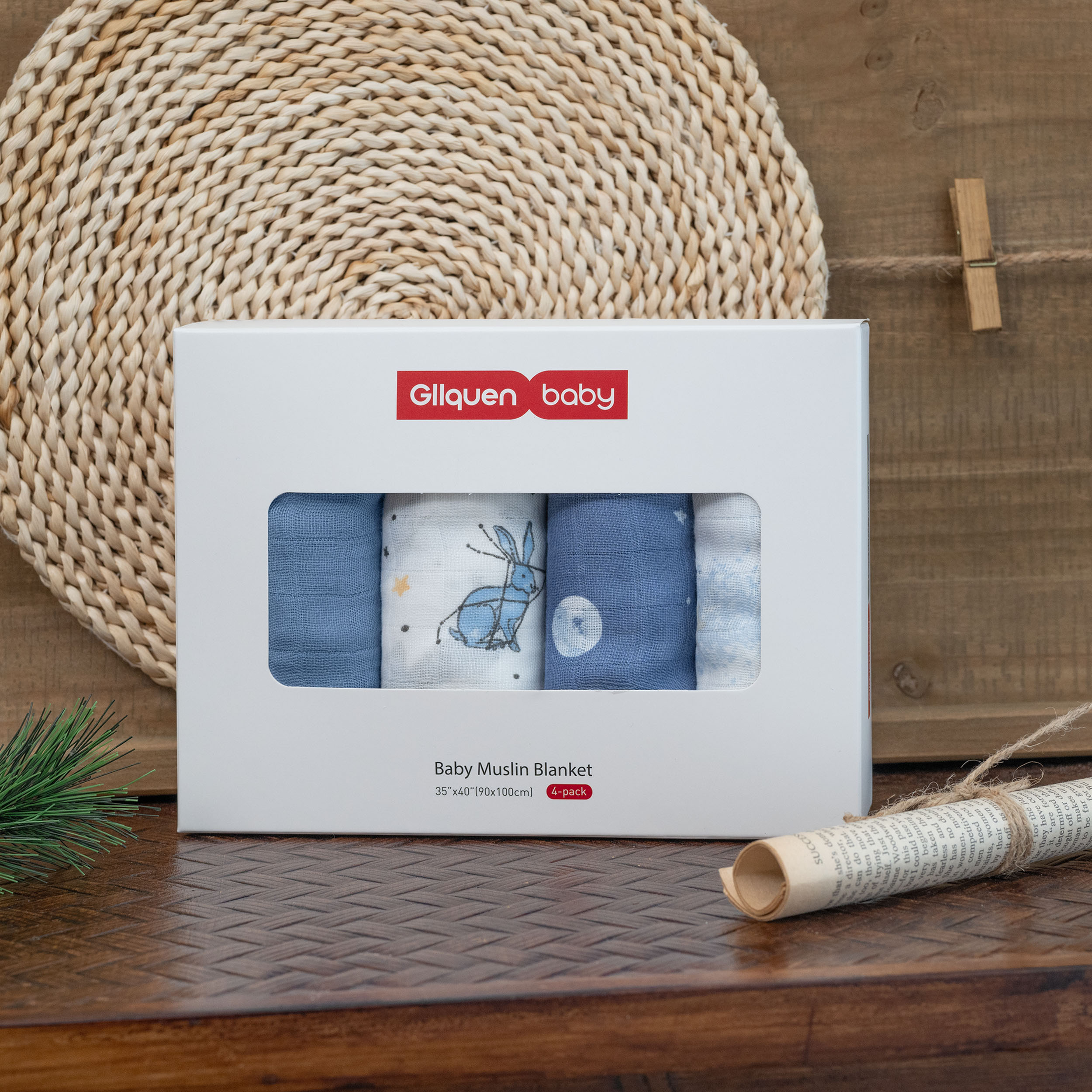 Muslin Swaddle Blankets 4-Pack | 35"x40" | Star