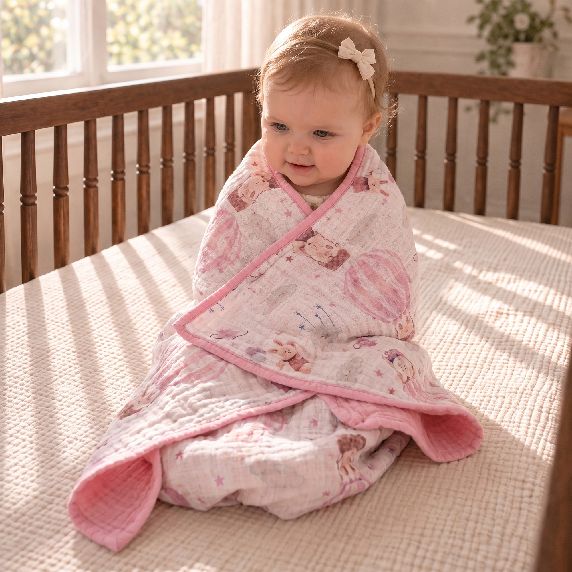 Muslin Swaddle Blankets 1-Pack | 31.5x43.3" | Pink Bunny Balloon