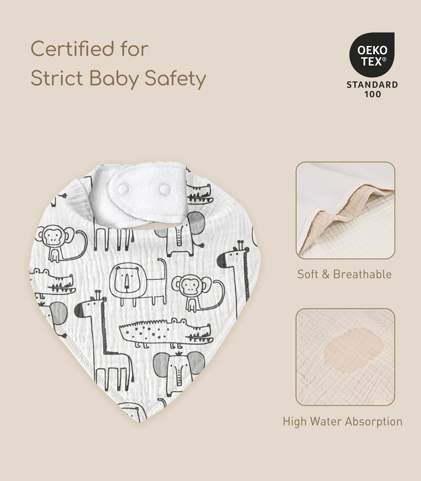 Grey Safari | Soft & Absorbent Muslin Bandana Bibs 8 Pack
