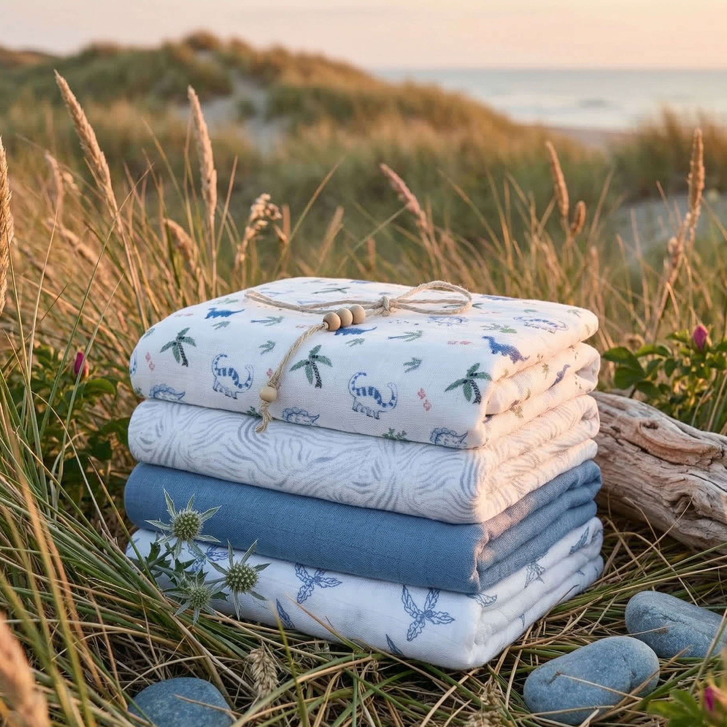 Muslin Swaddle Blankets 4-Pack | 35"x40" | Little Dino's Blue Forest