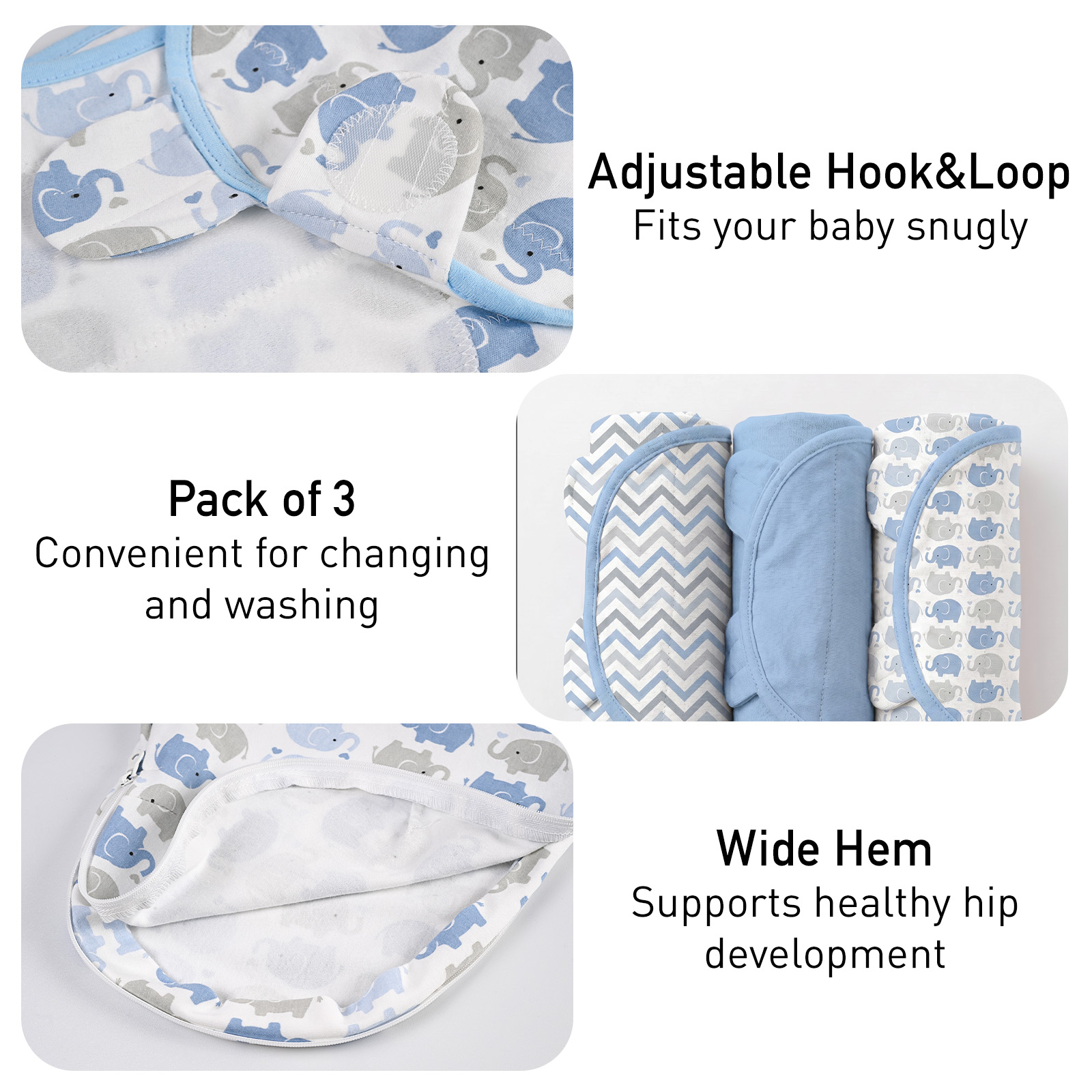Azure Elephant Ripple | Zipper Swaddle Wrap 3 Pack | 0-3 Months