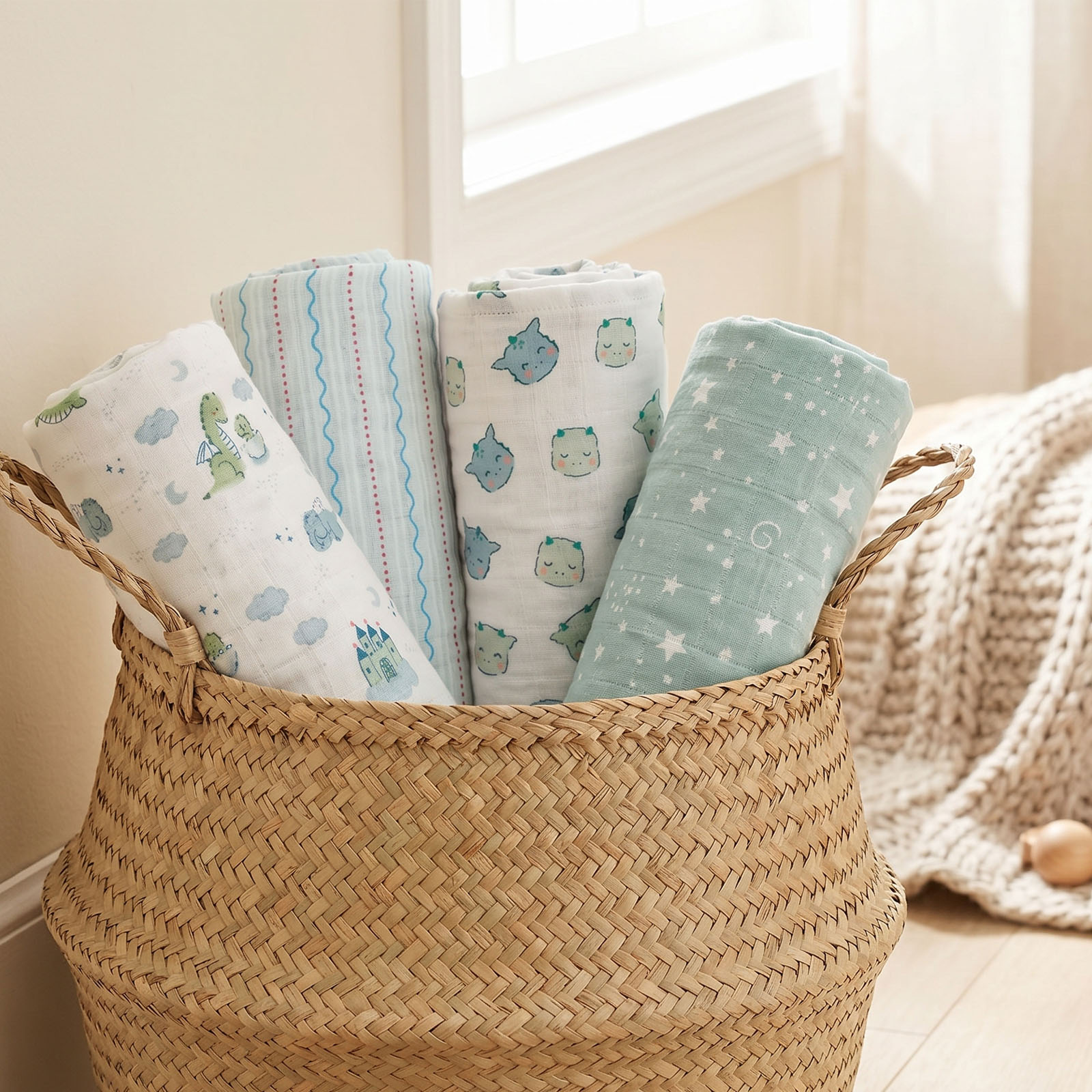 Muslin Swaddle Blankets 4-Pack | 31.5x43.3" | Fairytale Dragon and Castle