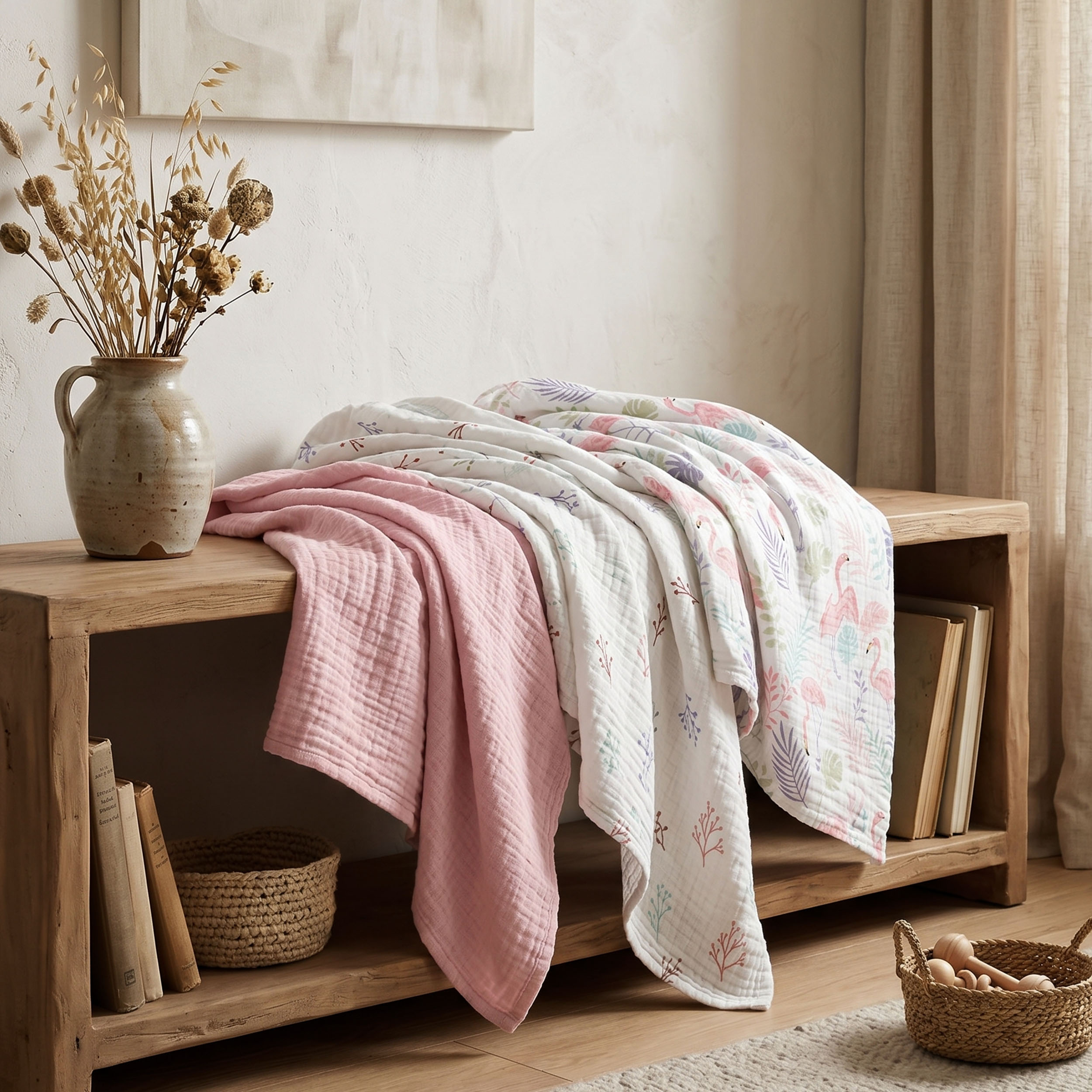 Muslin Swaddle Blankets 3-Pack | 38"x40" | Pink Flamingo Palm
