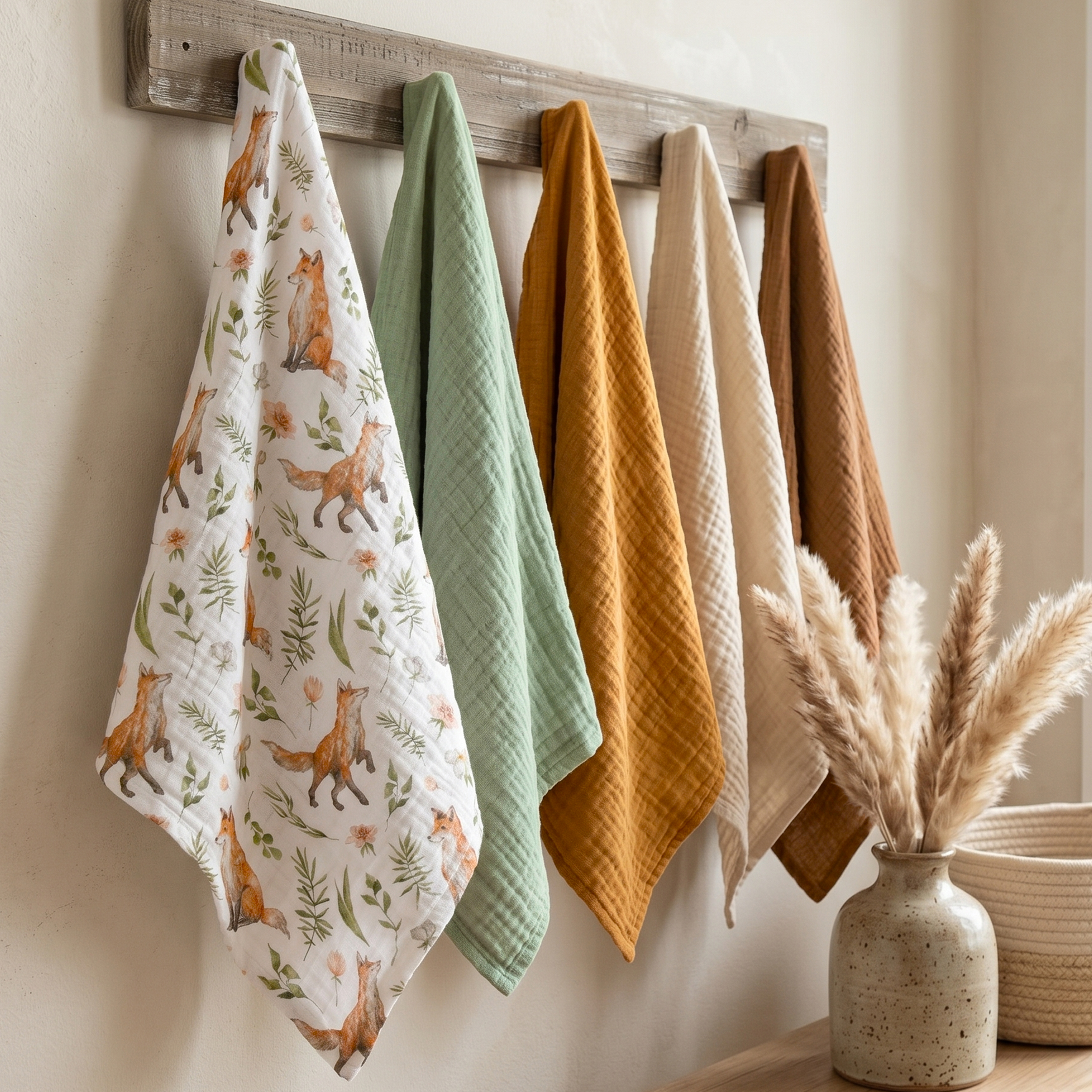 Muslin Swaddle Blankets 5-Pack, 23.5"x23.5" - Forest Fox Meadow