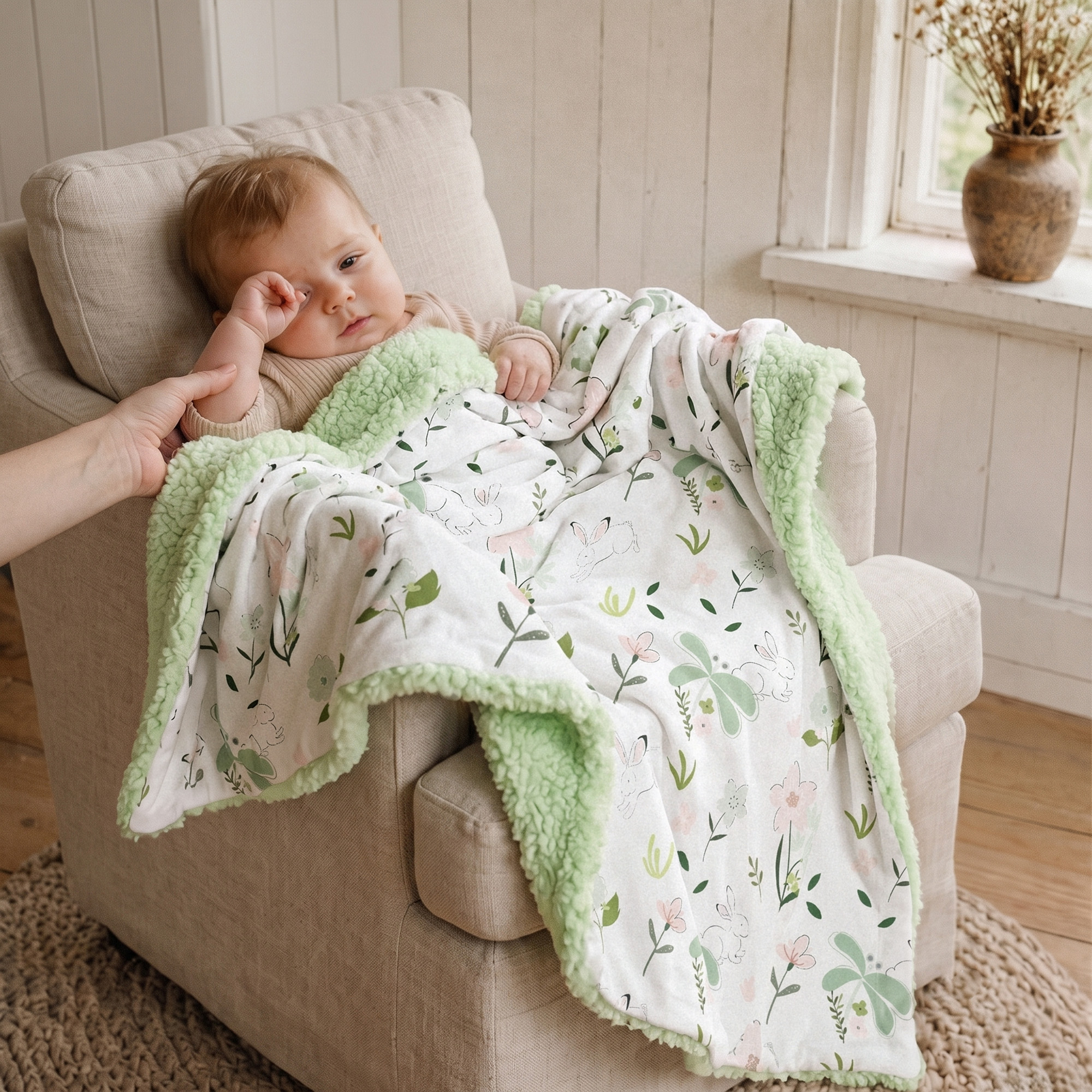 Sage Bunny Bloom | plush baby blanket | 30''*36''