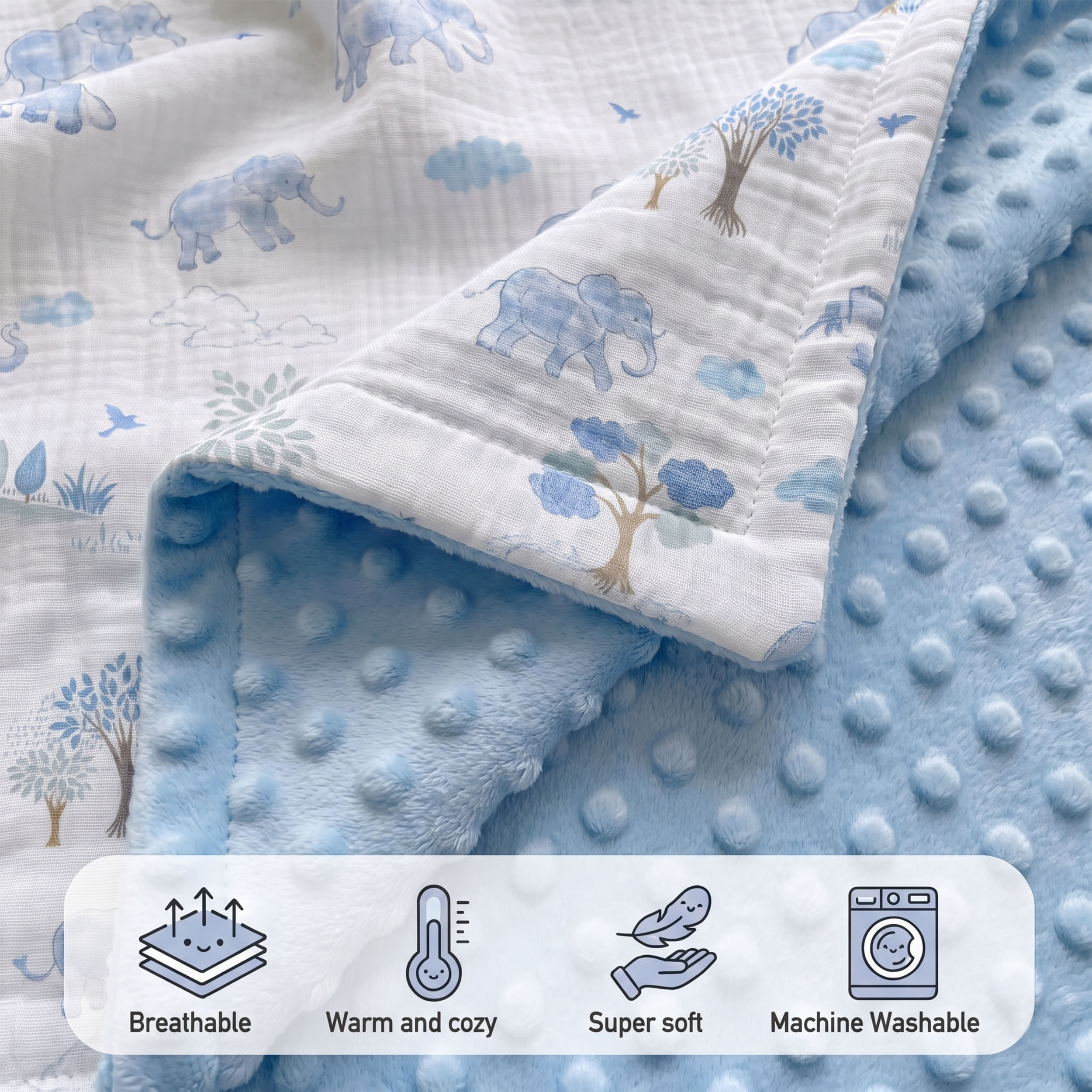 Blue Elephant Safari | Muslin and Fleece Plush Dot Blanket | 30''*40''