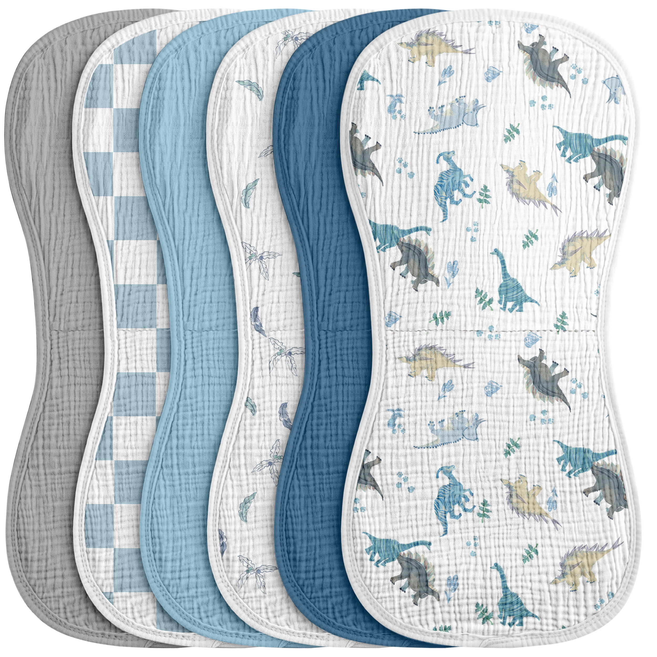 Organic Muslin Cotton Burp Cloths 6 Pack -  Blue Dino Mix