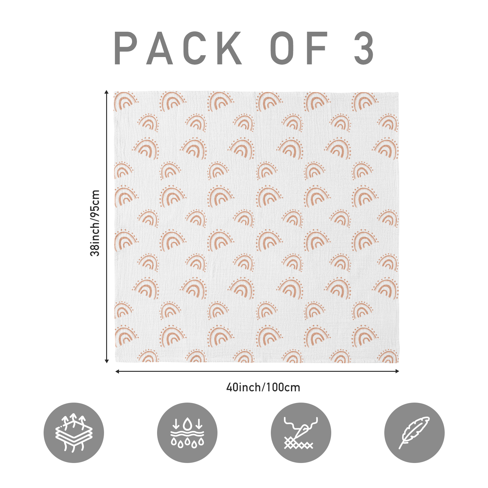 Muslin Swaddle Blankets 3-Pack, 38"x40" - Glorious Rainbow