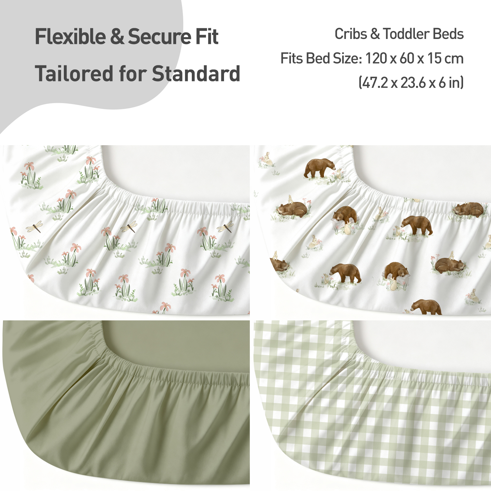 Sage Bear & Plaid | Fitted Sheets 4-Pack