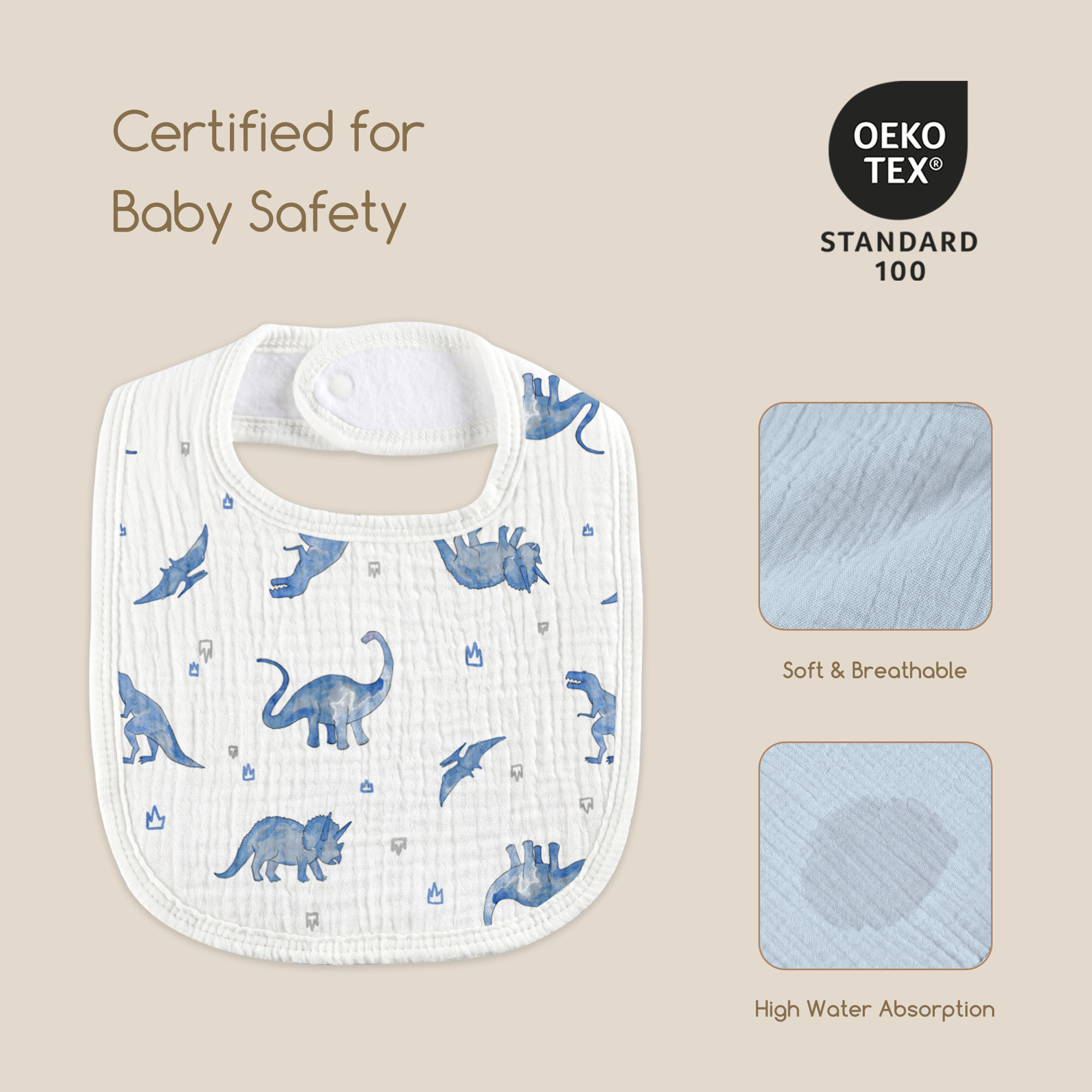 Blue Dino Plaid | Baby Muslin Bibs 6 Pack | 0-36 Months