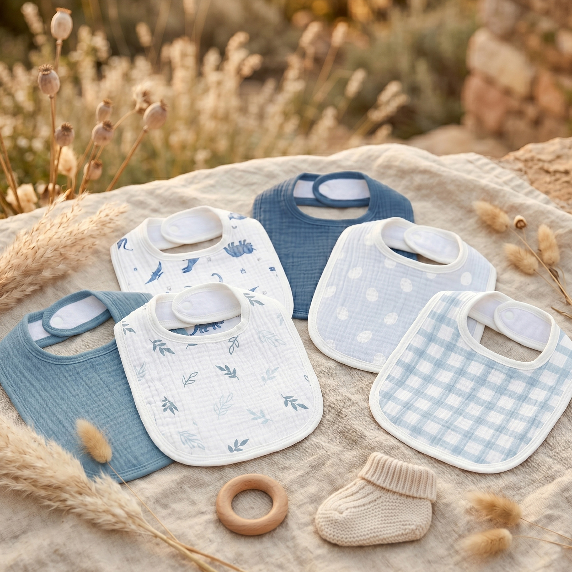 Blue Dino Plaid | Baby Muslin Bibs 6 Pack | 0-36 Months
