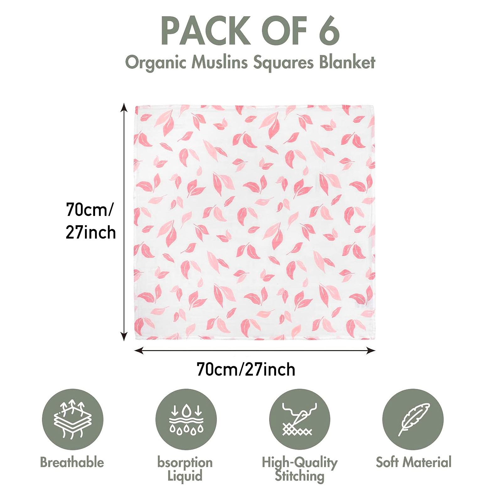 Muslin Swaddle Blankets 6-Pack | 27x27" | Pink Floral