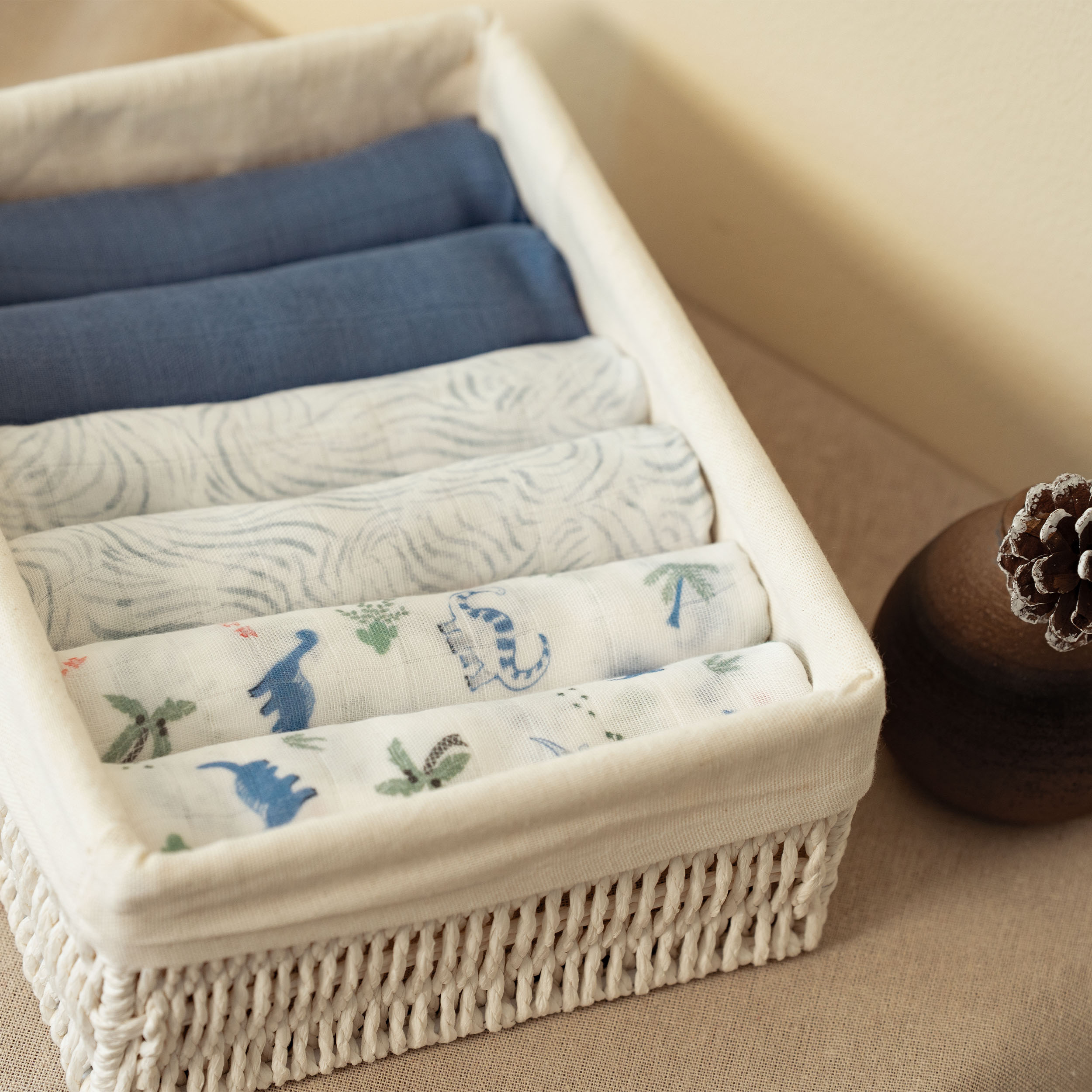 Muslin Swaddle Blankets 6-Pack | 27x27" | Little Dino's Blue Forest