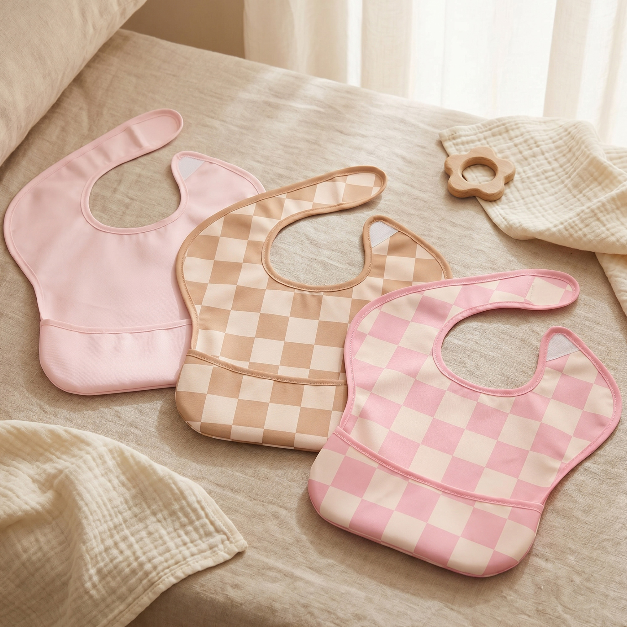 Pink Check & Petal | Gllquen baby Waterproof Bibs 3 Pack | 3-24 Months