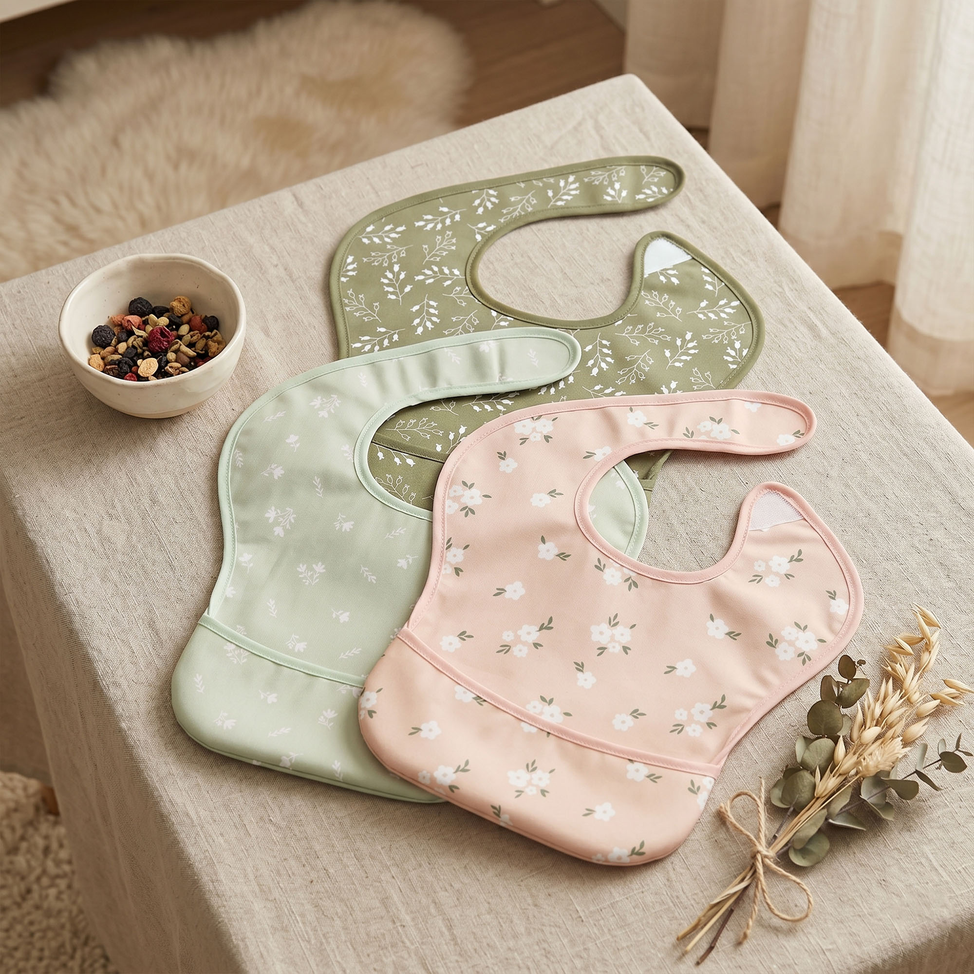 Sage Flora Whisper | Gllquen baby Waterproof Bibs 3 Pack | 3-24 Months