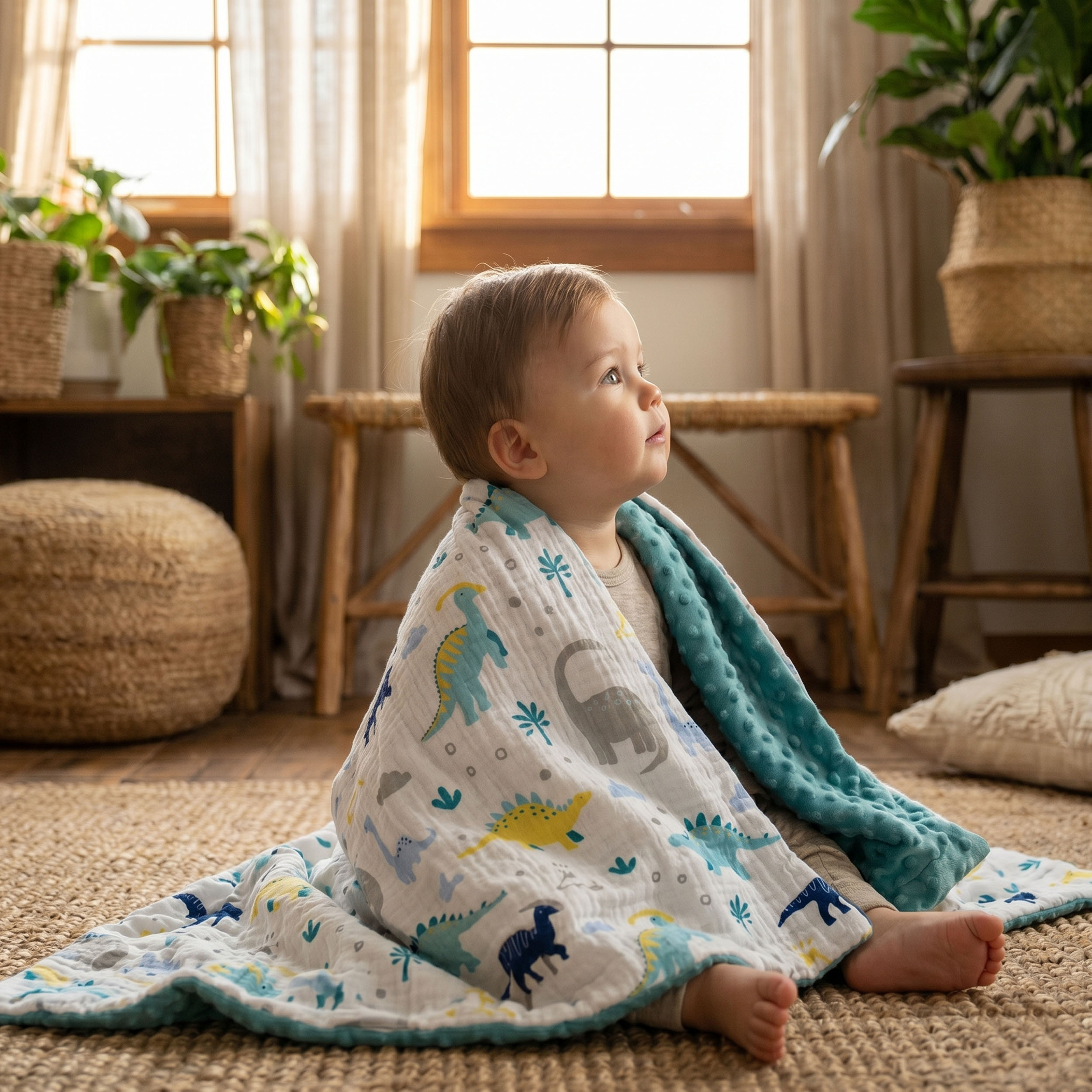 Tropical Dino  Print | Muslin and Fleece Plush Dot Blanket | 30''*40''