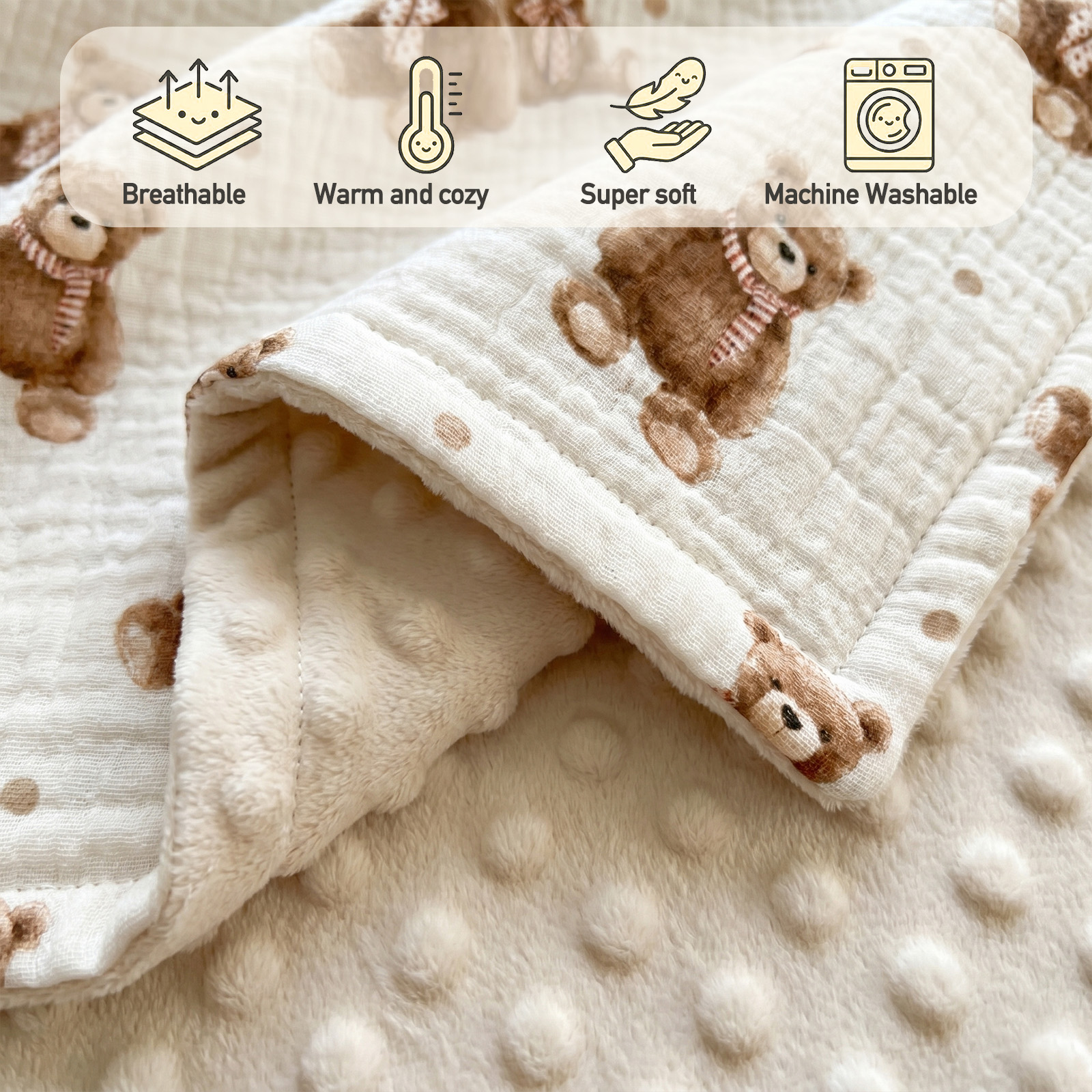 Creamy Ribbon Teddy | Muslin and Fleece Plush Dot Blanket | 30''*40''
