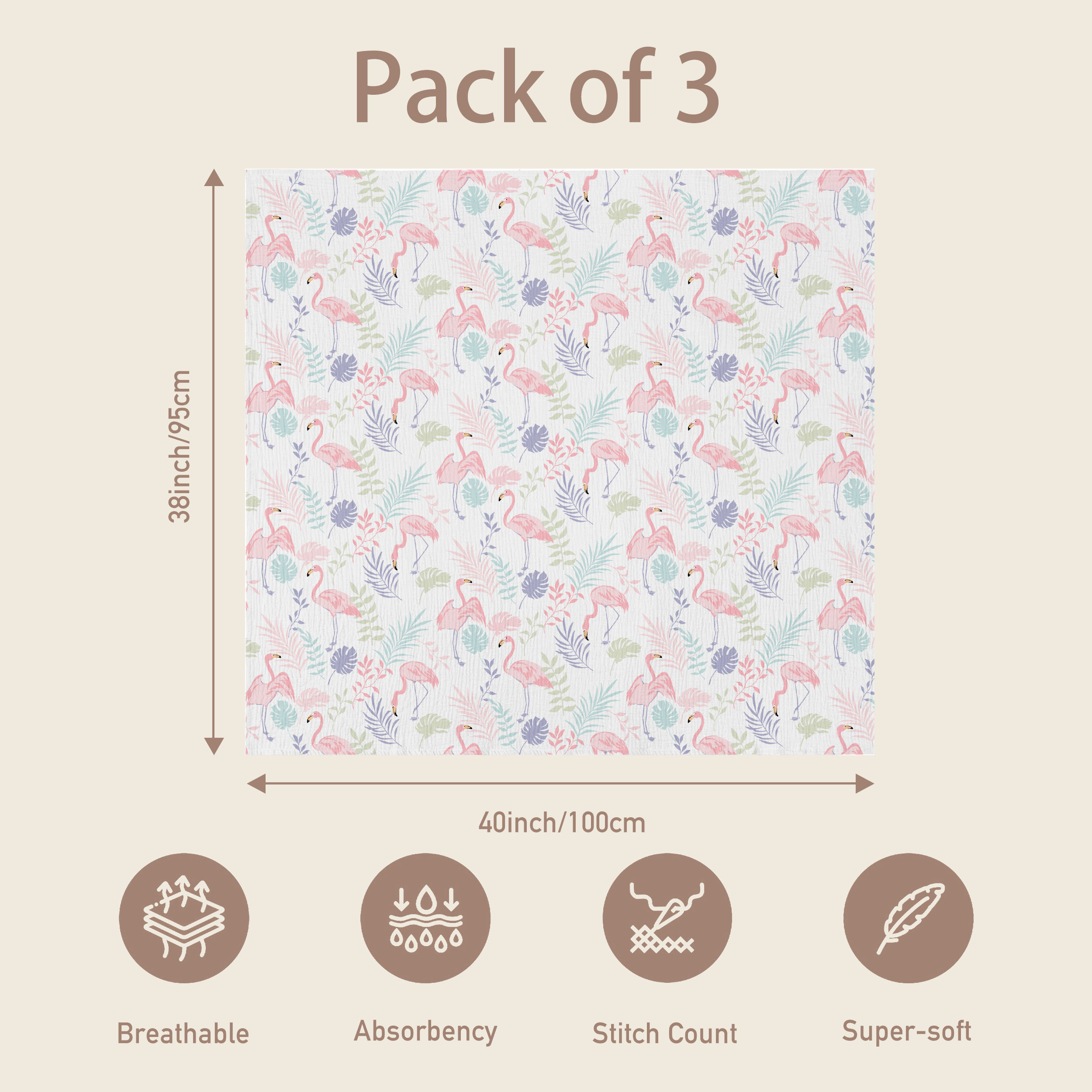 Muslin Swaddle Blankets 3-Pack | 38"x40" | Pink Flamingo Palm